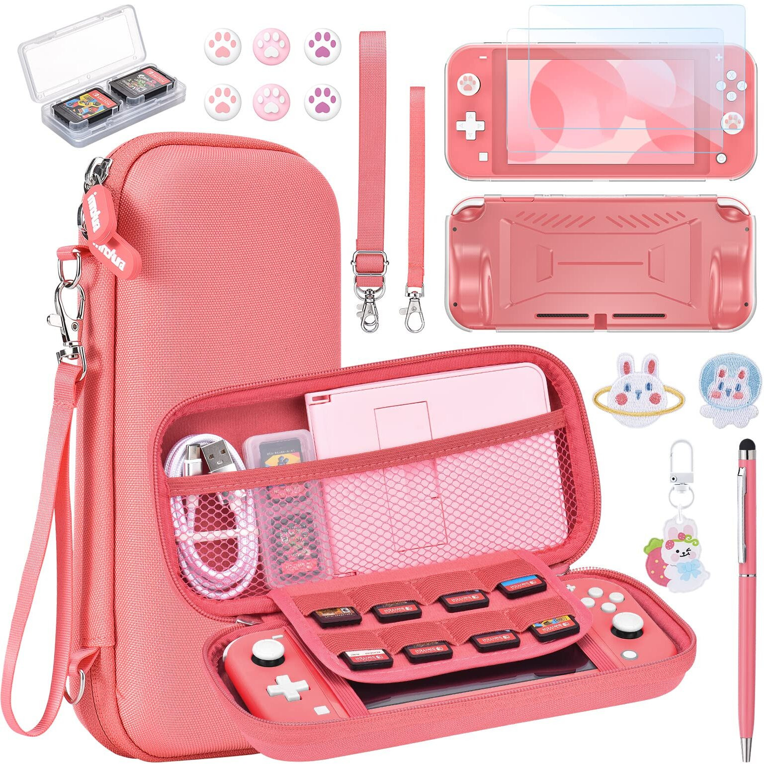 Innoaura Switch Lite Case 15 In 1 Switch Lite Accessories Bundle With Switch Lite Carrying Case, Switch Game Case, Switch Lite Screen Protector, Switch Stand, Switch Thumb Grips (Coral)