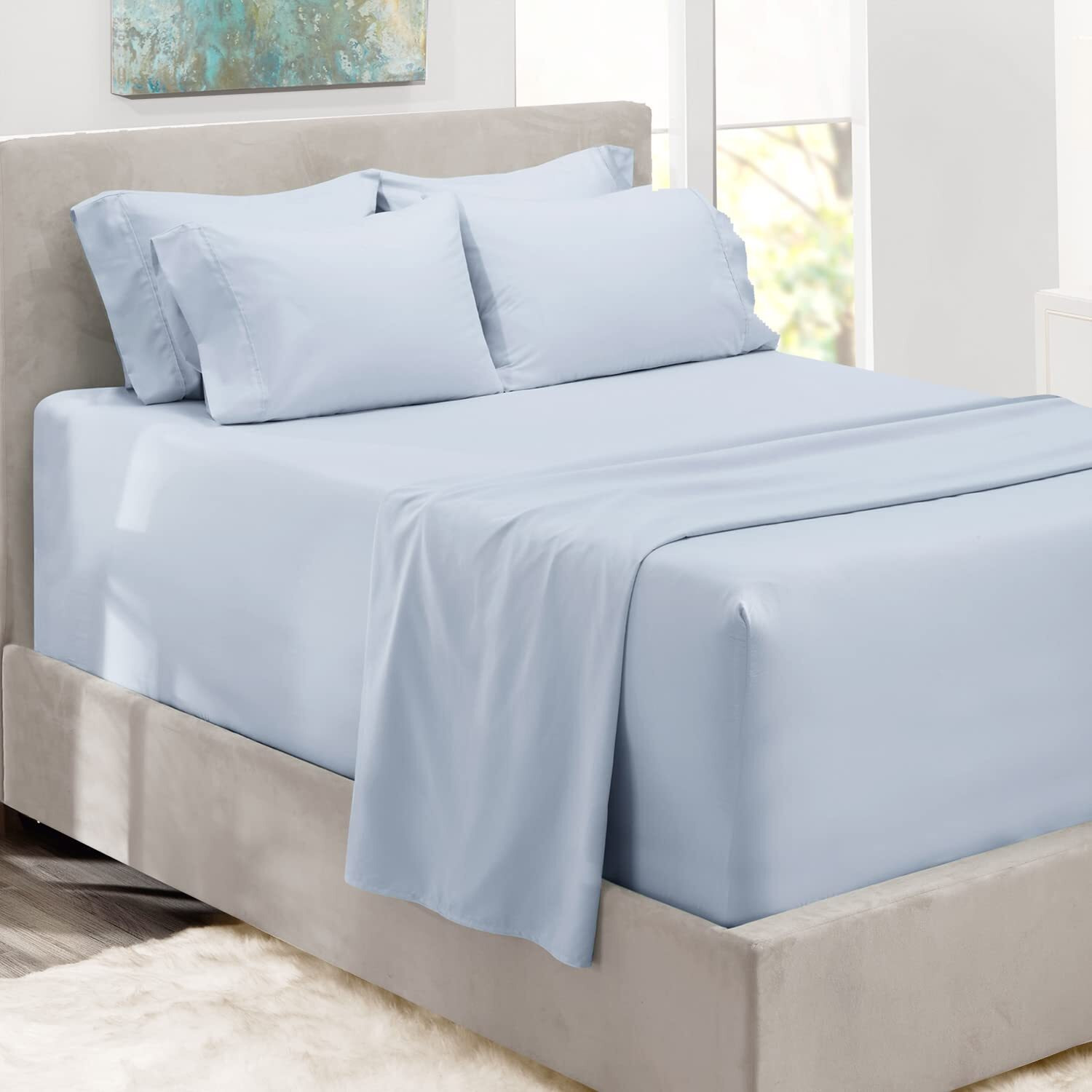 Hearth & Harbor Extra Deep Pocket King Size Sheets Sets - Fits Mattress 18-24 Inches Deep - Extra Deep Pocket Sheets - 6 Piece King Size Sheets - King Sheets Deep Pocket - Ice Blue Sheets
