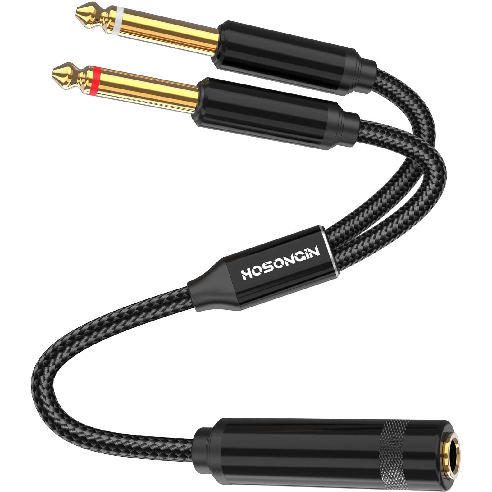 Hosongin 14 Trs Stereo Jack To Dual 14 Ts Mono Y-Splitter Insert Cable, Nylon Braided Jacket Gold-Plated Plug Double Shielding Cable, 1 Feet