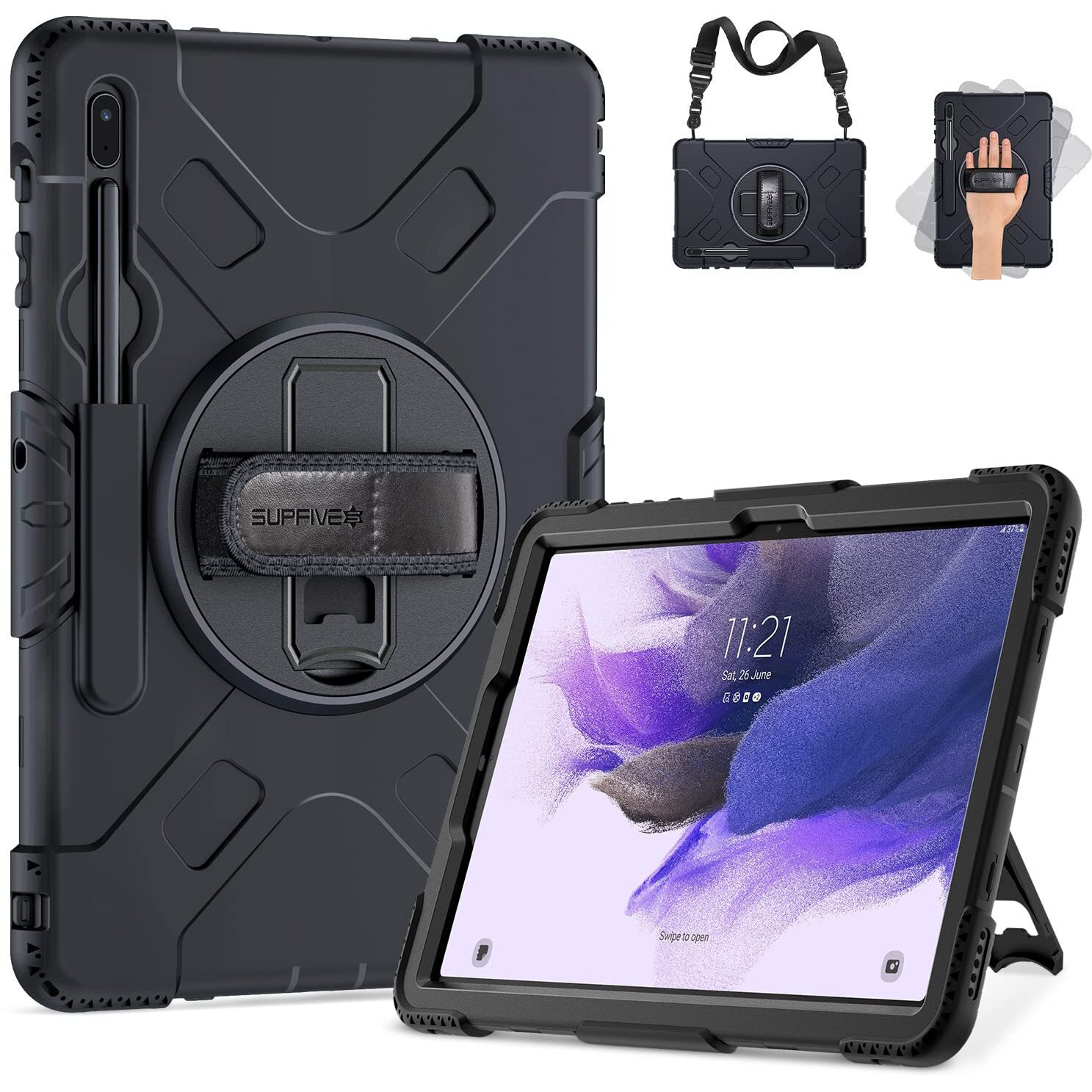 Supfives Case For Samsung Galaxy Tab S7 Fe/ S8 Plus 12.4 Inch [Upgraded Military Grade] Full-Body Rugged Protective Soft Silicone Cover - Kick Stand- Handle/Shoulder Strap- S Pen Holder- Black