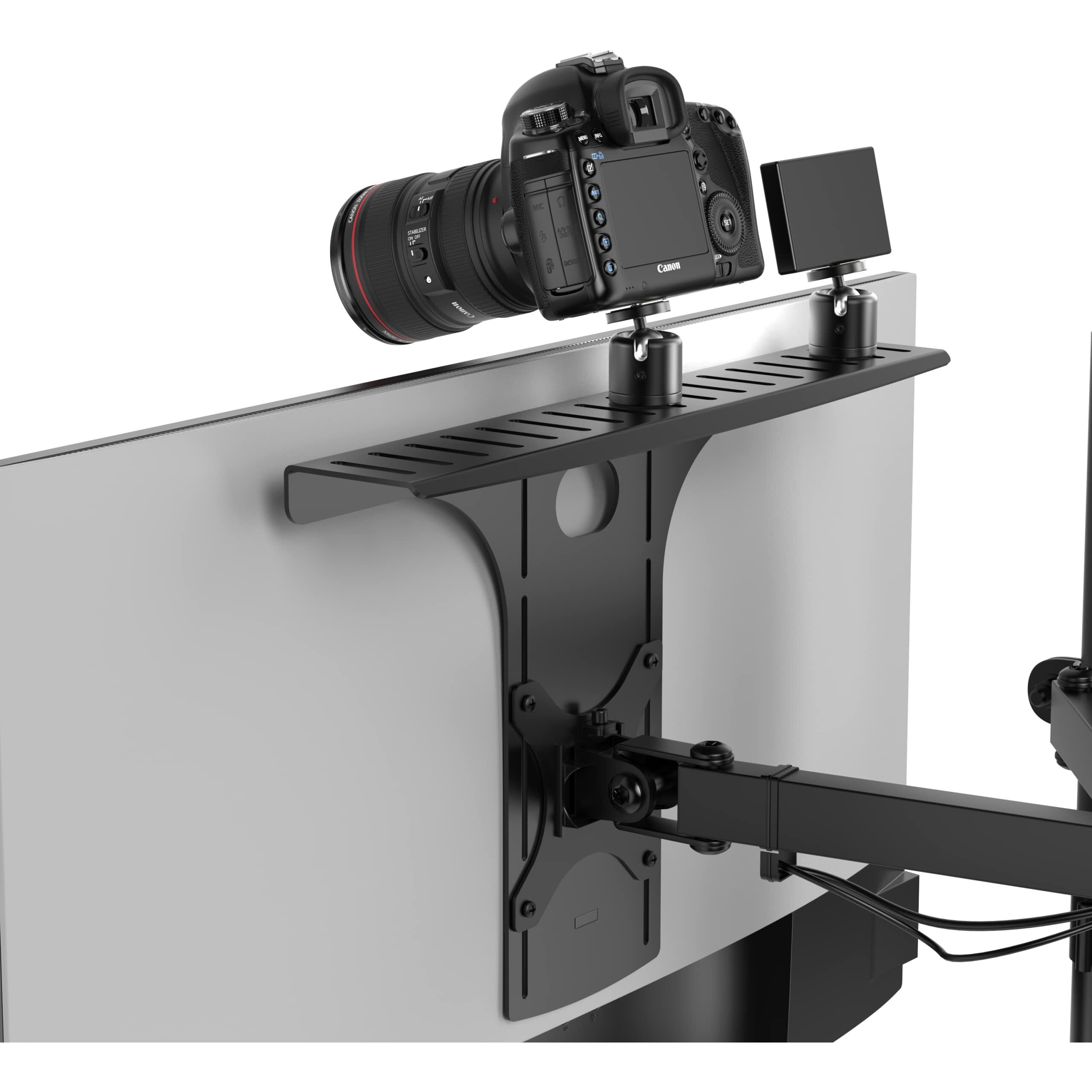 Humancentric Dslr Monitor Mount - Monitor Shelf For Desk Camera Mount, Light Webcam And Microphone Camera Shelf For Monitor Vesa Arm, Replace Clamp Tripods For Camera Desk Mount, Large