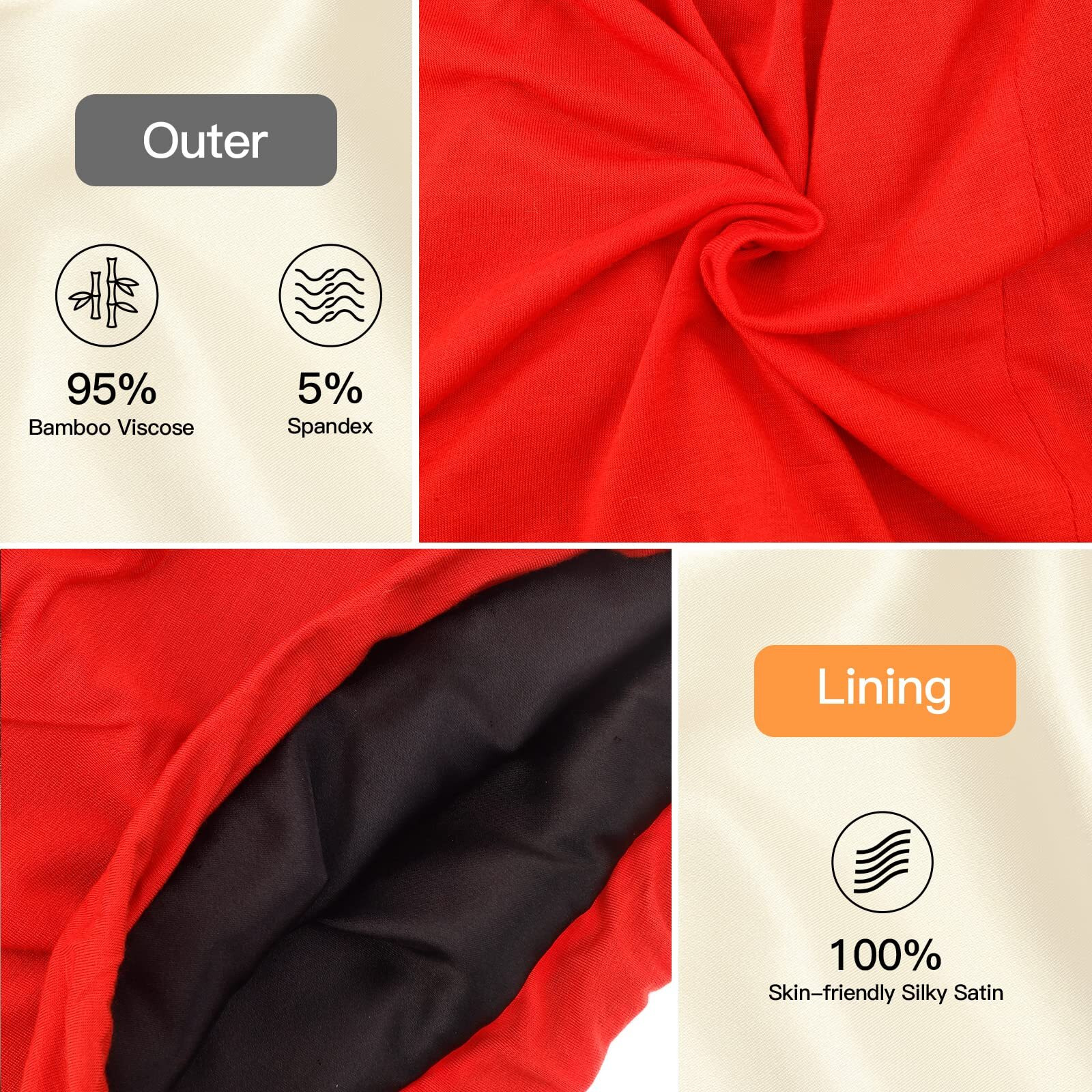 Silk Satin Lined Bonnet Sleep Cap - Adjustable Stay On All Night Hair Wrap Cover Slouchy Beanie For Curly Hair Protection For Women And Men - Red