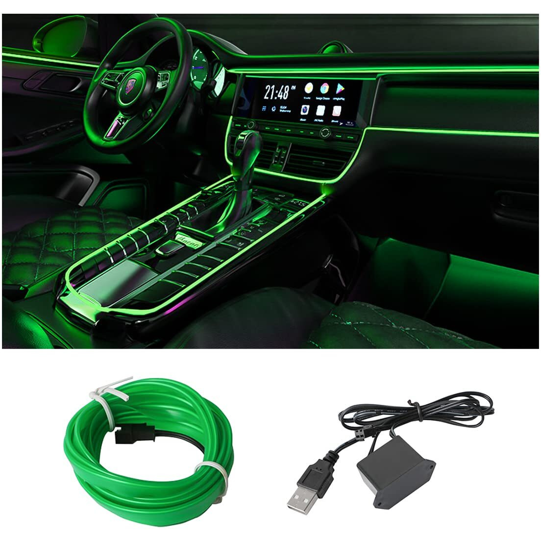 El Wire Interior Car Led Strip Lights, Usb Auto Neon Light Strip With Sewing Edge, 16Ft Electroluminescent Car Ambient Lighting Kits With Fuse Protection, Car Decoration Accessories (Green1/16Ft)