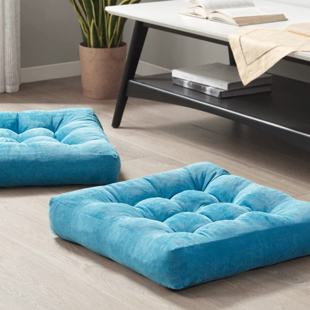 Meditation Floor Pillow Set Of 2, Square Large Pillows Seating For Adults, Tufted Corduroy Floor Cushion For Living Room Tatami, Turquoise, 22X22 Inch