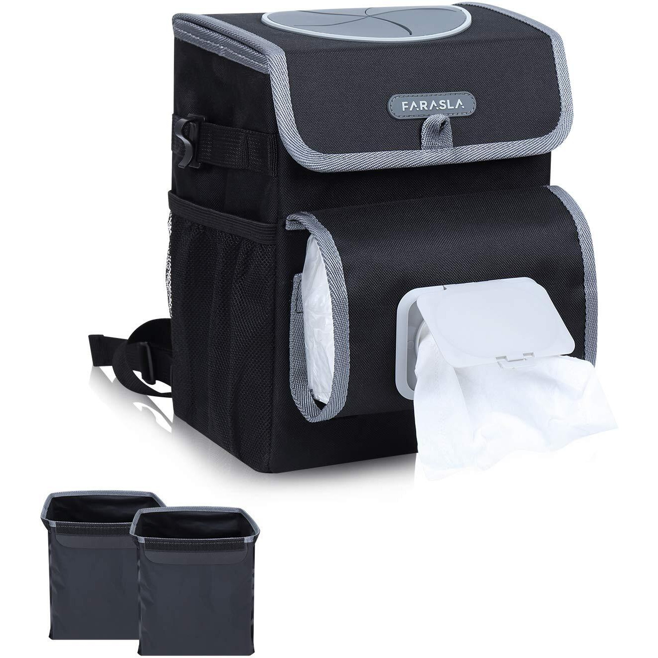 Farasla All-In-One Car Trash Can With 2 Removable Leakproof Interior Liners, Adjustable Tissue Holder & Straps