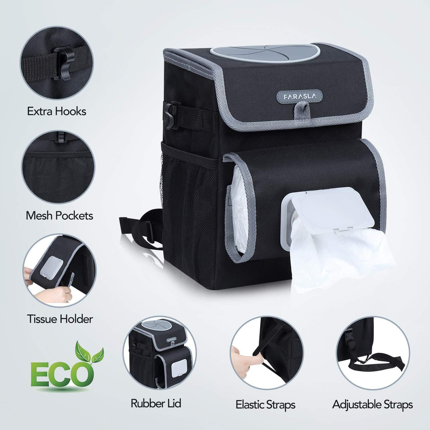 Farasla All-In-One Car Trash Can With 2 Removable Leakproof Interior Liners, Adjustable Tissue Holder & Straps