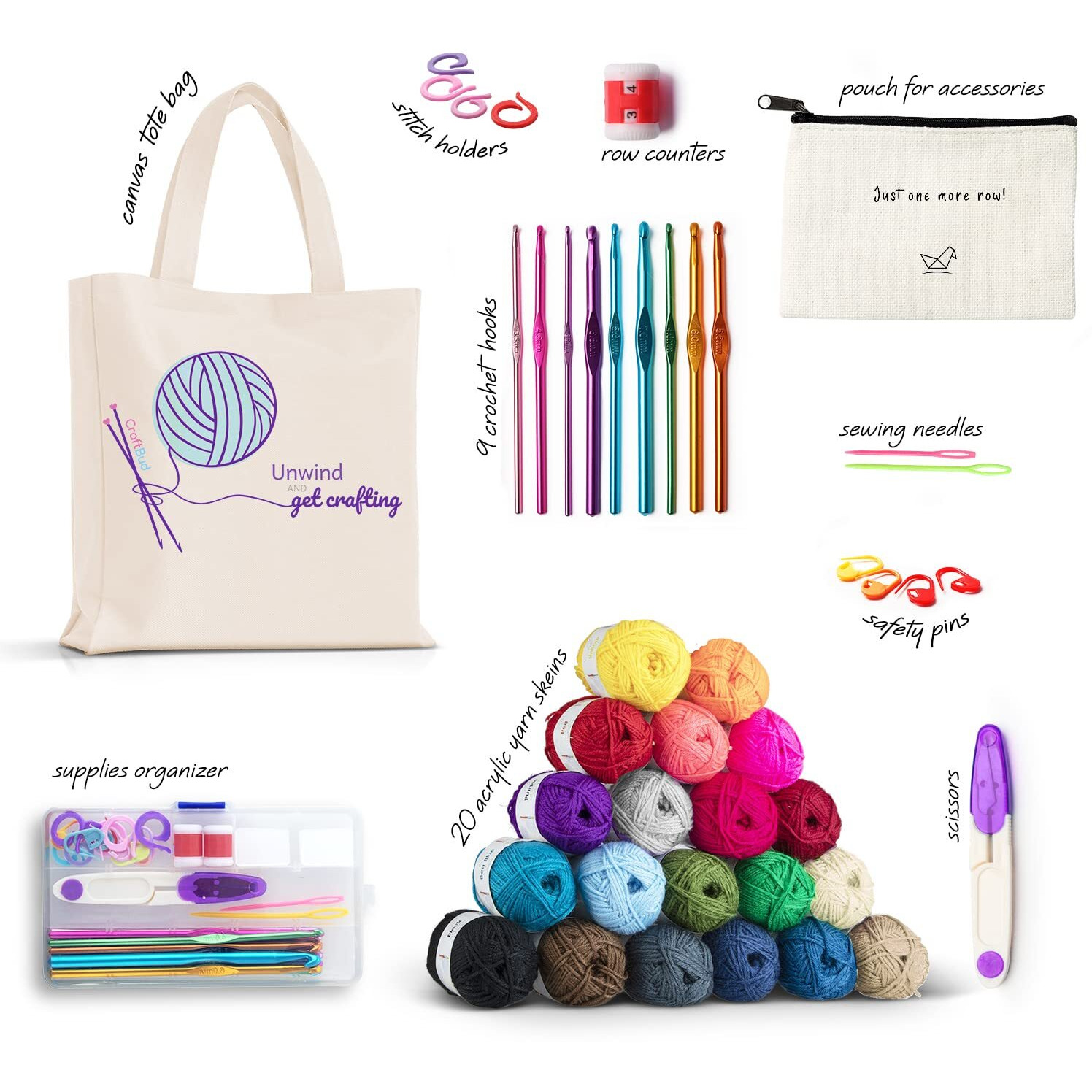 Craftbud 43 Piece Crochet Kit For Beginners Adults And Kids, Small Crochet Set With 9 Crochet Hooks Set And 55 Yards Of Yarn For Crocheting Kit, Canvas Tote Bag And Lots More - Beginner Crochet Kit