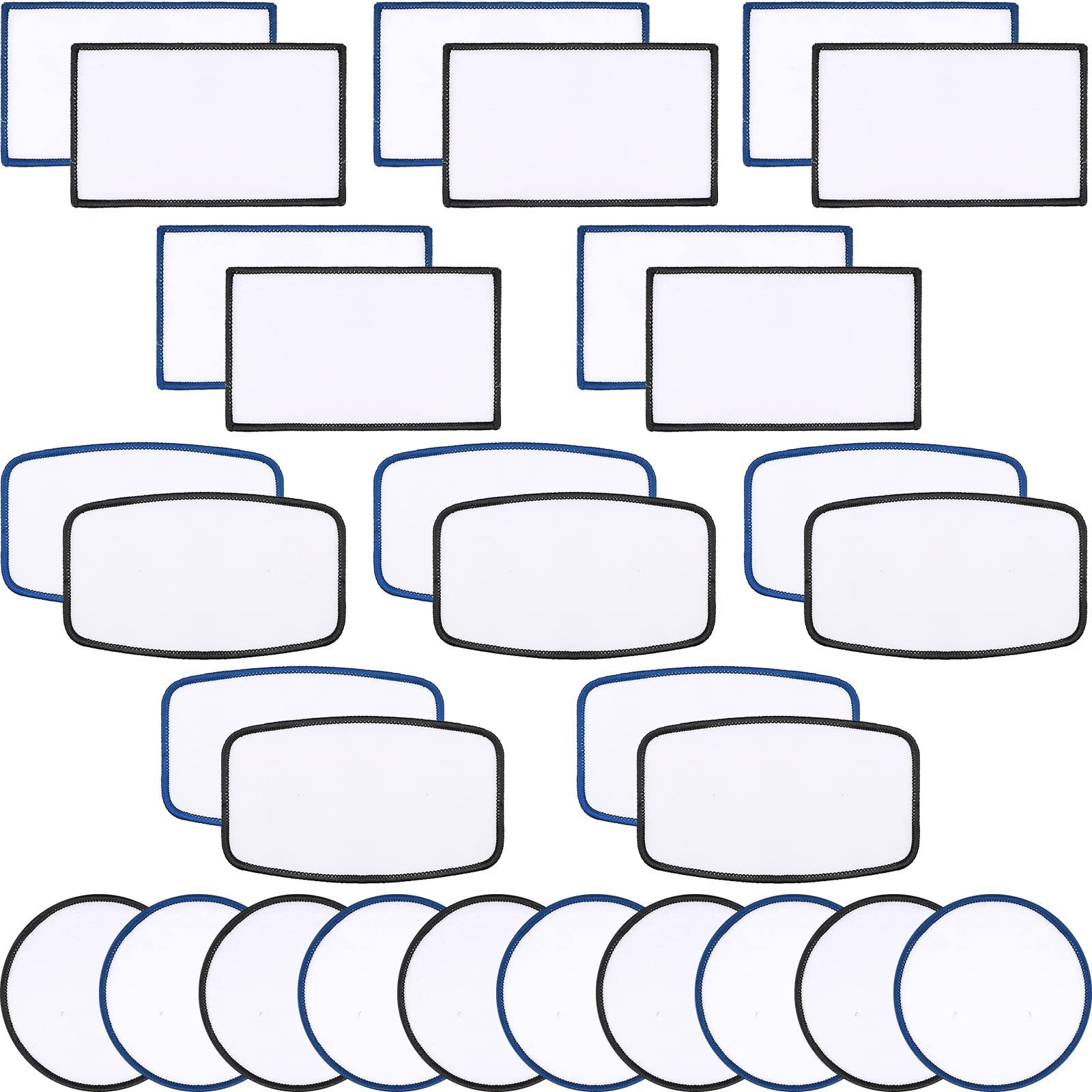 30 Pieces Sublimation Patches Fabric Iron-On Blank Patches 3 Shapes Repair Embroidery Sublimation Blank Hat Embroidery For Diy Crafts, Caps Clothes Shoes Bags Backpacks Uniforms(Black And Blue Frame)