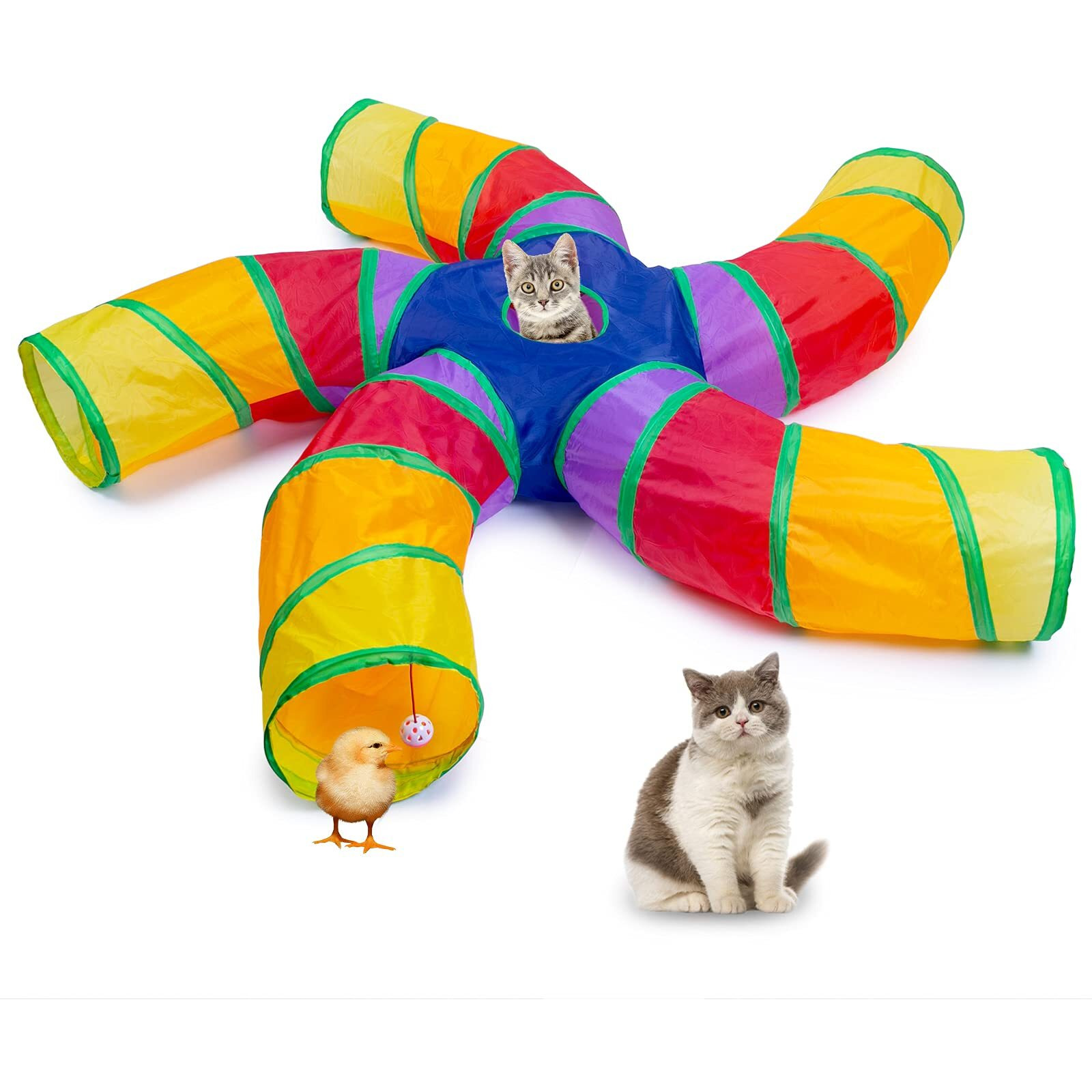 Egetota Cat Tunnel For Indoor Cats Large, With Play Ball S-Shape 5 Way Collapsible Interactive Peek Hole Pet Tube Toys, Puppy, Kitty, Kitten, Rabbit (Multicolor)
