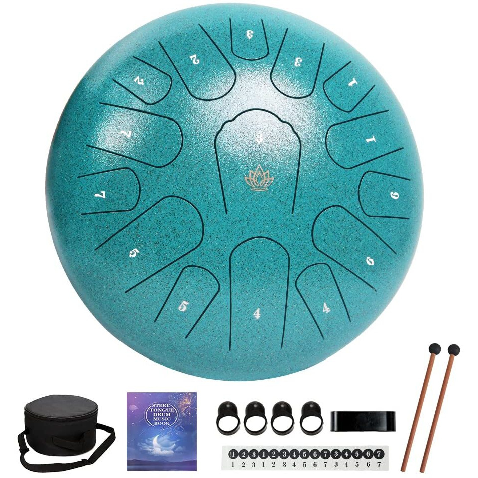 Yasisid Steel Tongue Drum 12 Inches 15 Notes Musical Instruments, Handpan Drum Percussion Instrument With Soft Bag, Music Book And 2 Mallets For Meditation Or Yoga (Green)