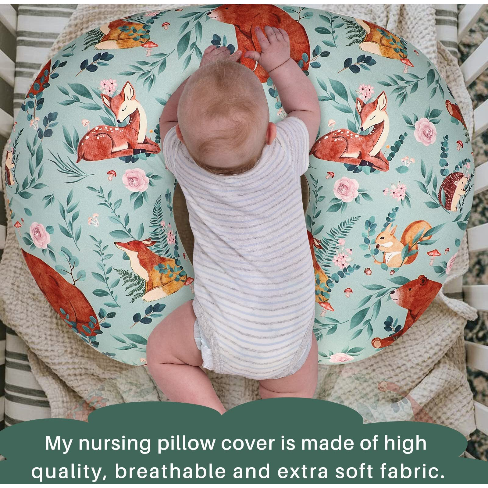 Tanofar Nursing Pillow Covers, Bear Breastfeeding Pillow Cover For Baby Boys & Girls, Woodland Nursing Pillow Case For Newborn, Soft Fabric Fits Snug On Infant, Washable & Breathable