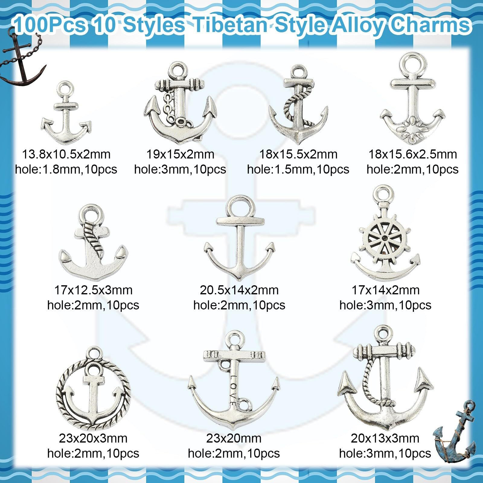 Kitbeads 100Pcs 10 Styles Nautical Anchor Charm Alloy Tibetan Rudder Charm Sailor Anchor Charms For Jewelry Making Bracelets