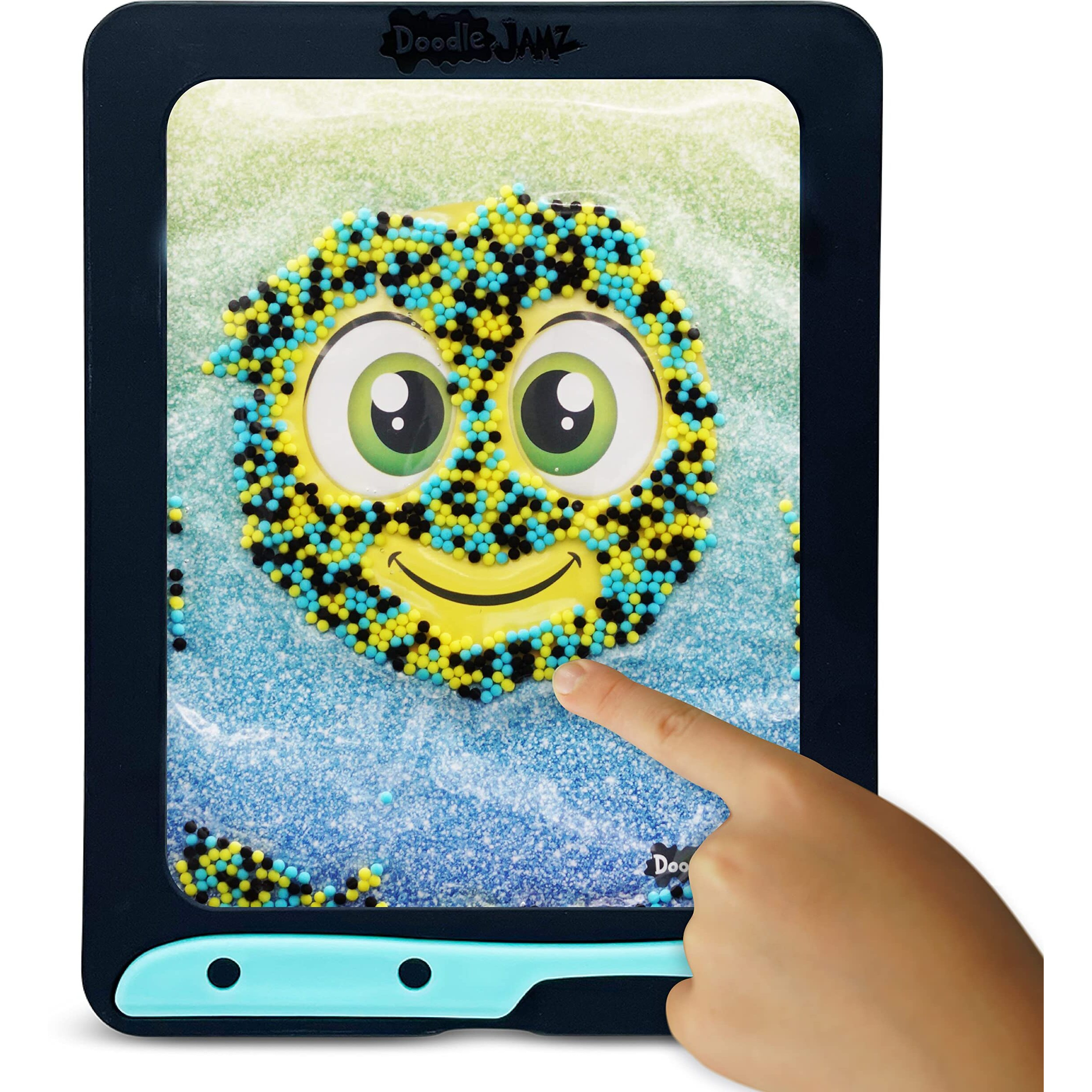 Doodlejamz Jellypics - Sensory Drawing Pads Filled With Non-Toxic Squishy Beads And Gel - Includes Stylus, Removable 2-Sided Emoji Backer Card (Black, Cyan, Yellow Beads)