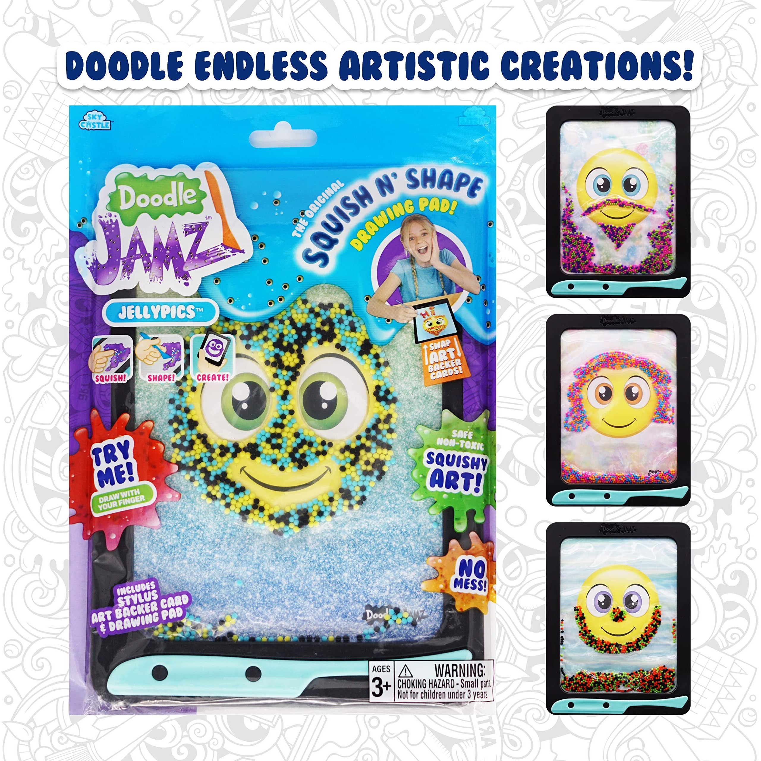 Doodlejamz Jellypics - Sensory Drawing Pads Filled With Non-Toxic Squishy Beads And Gel - Includes Stylus, Removable 2-Sided Emoji Backer Card (Black, Cyan, Yellow Beads)