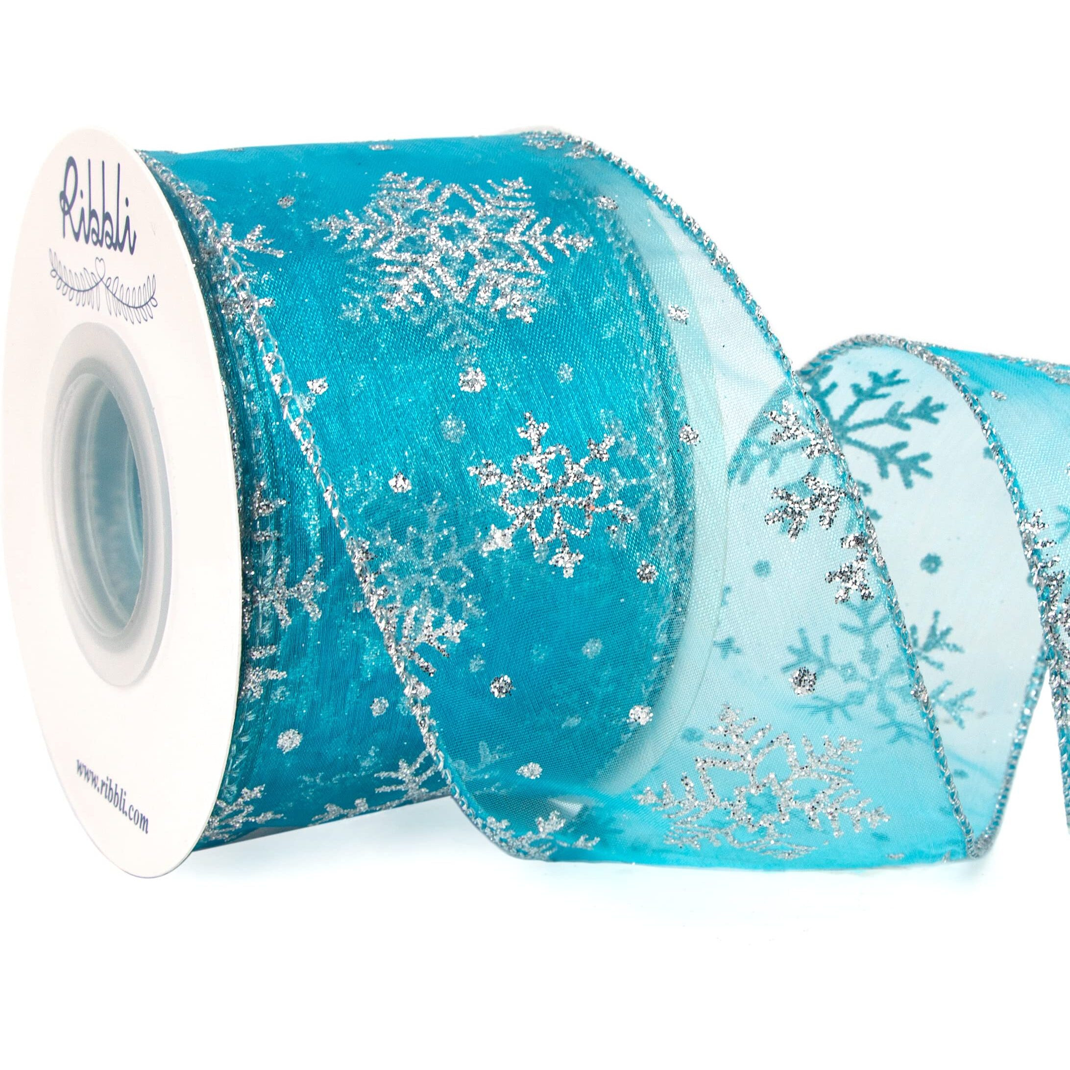 Ribbli Snowflake Glitter Wired Ribbon,Turquoise Blue Organza Sheer Ribbon With Silver Glitter Snowflake Pattern And Silver Metallic Edge,2-12 Inch X 10 Yards Christmas Ribbon For Tree Decoration