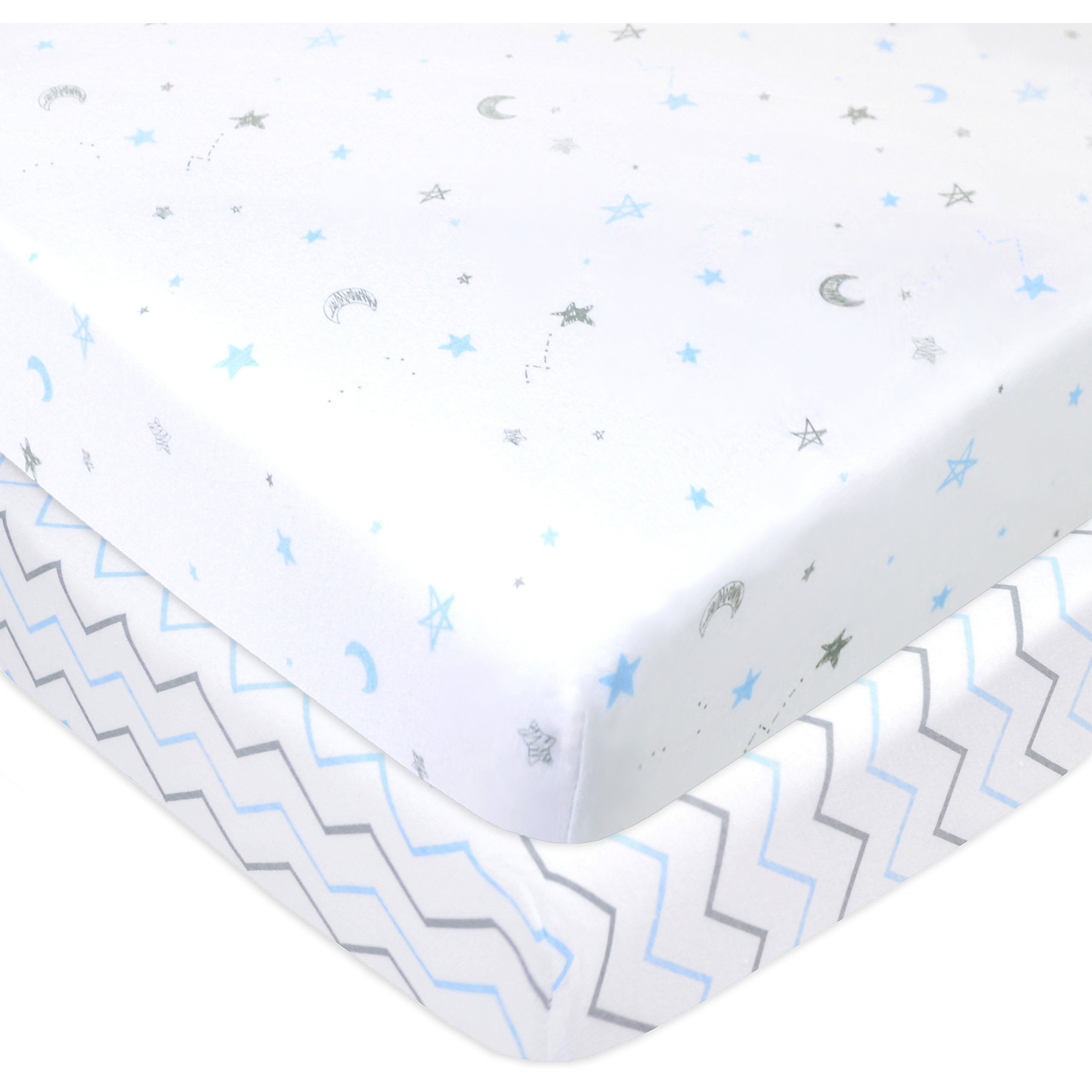 American Baby Company Printed 100% Natural Cotton Jersey Knit Fitted Pack N Play Playard Sheet, Soft Breathable, For Boys And Girls, Blue Stars/Zigzag - Pack Of 2
