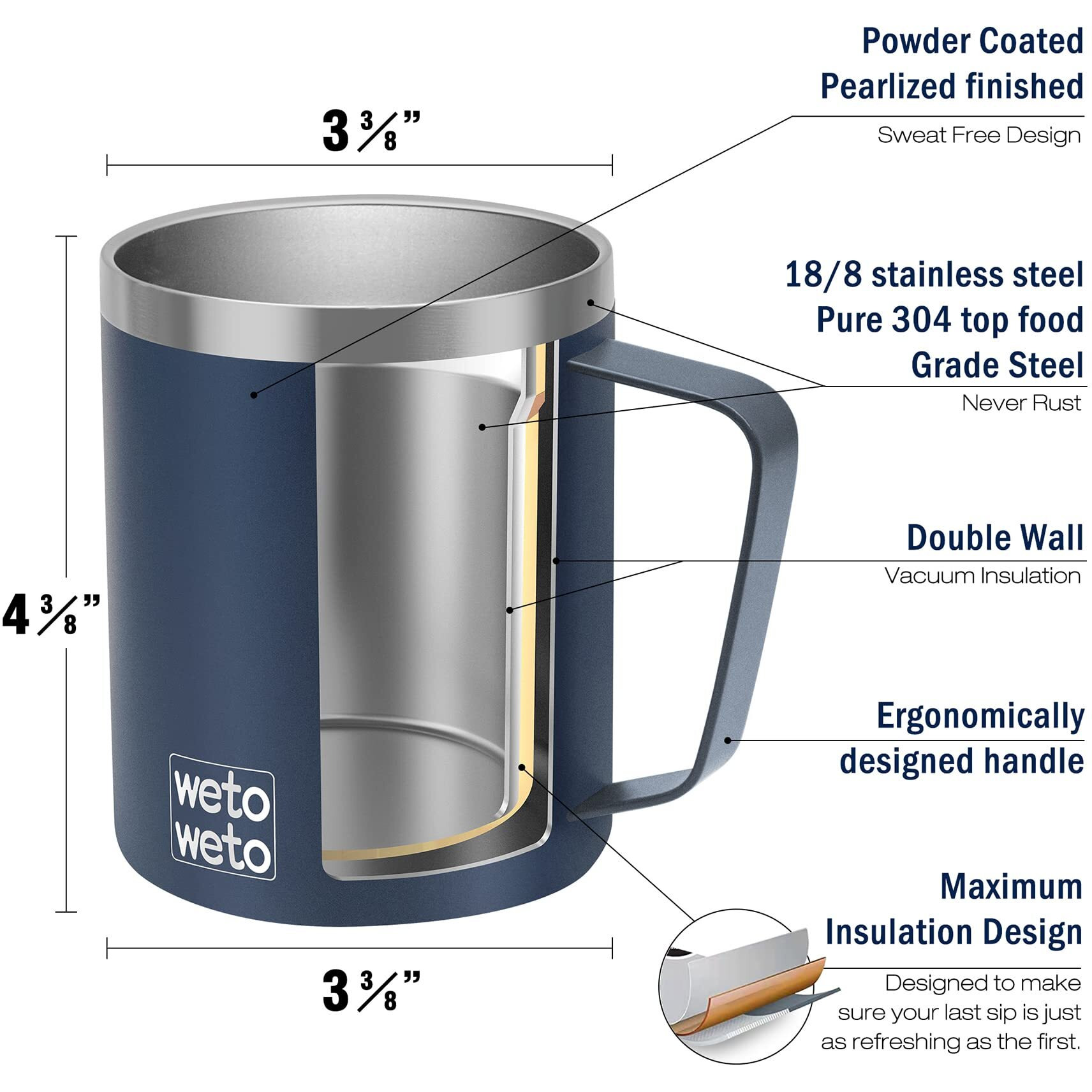Wetoweto 14 Oz Coffee Mug, Vacuum Insulated Camping Mug With Lid, Double Wall Stainless Steel Travel Tumbler Cup, Coffee Thermos Outdoor, Powder Coated Navy Blue Set Of 2