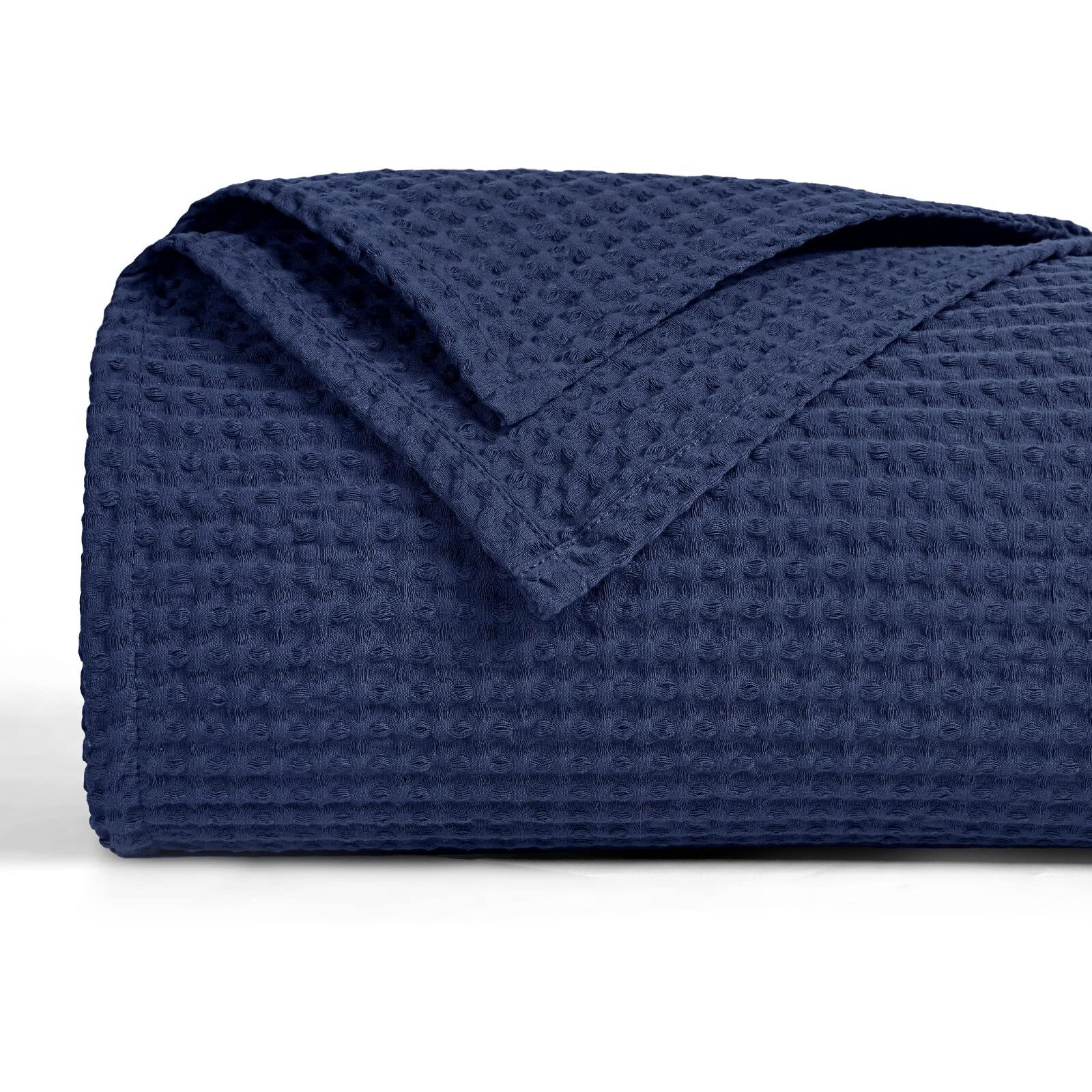 Phf 100% Cotton Waffle Weave Blanket Queen Size 90&quotX90"- Washed Warm Soft Lightweight Breathable Blanket For All Season-Perfect Blanket Layer For Couch Bed Sofa-Elegant Home Decoration-Navy Blue