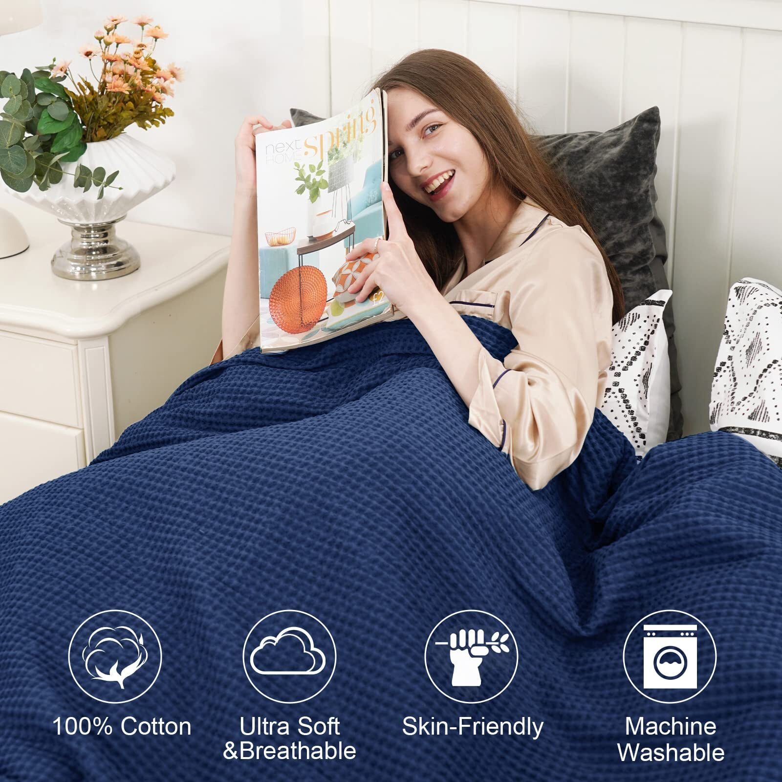 Phf 100% Cotton Waffle Weave Blanket Queen Size 90&quotX90"- Washed Warm Soft Lightweight Breathable Blanket For All Season-Perfect Blanket Layer For Couch Bed Sofa-Elegant Home Decoration-Navy Blue