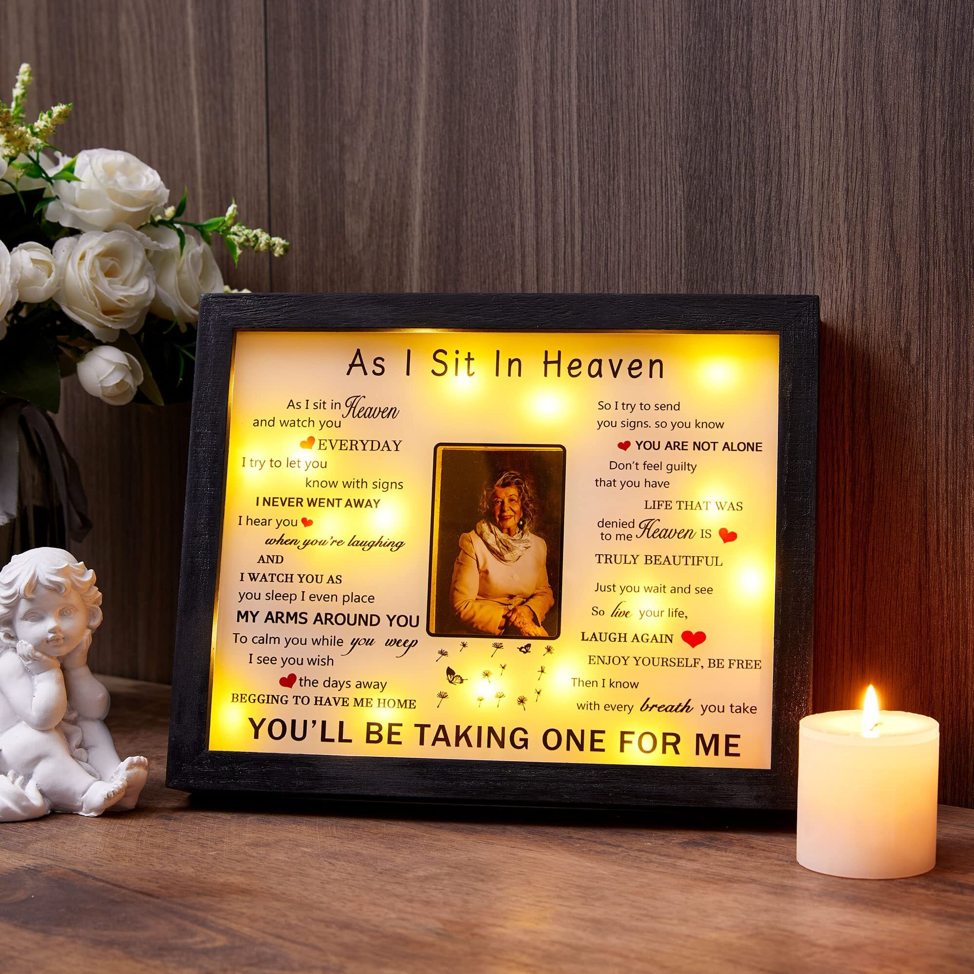 Woodexpe Sympathy Gift 8" X 10" Led Memorial Shadow Box Keepsake Picture Frame Memorial Gifts For Loss Of Loved One 2X3 Photo (As I Sit In Heaven Black)