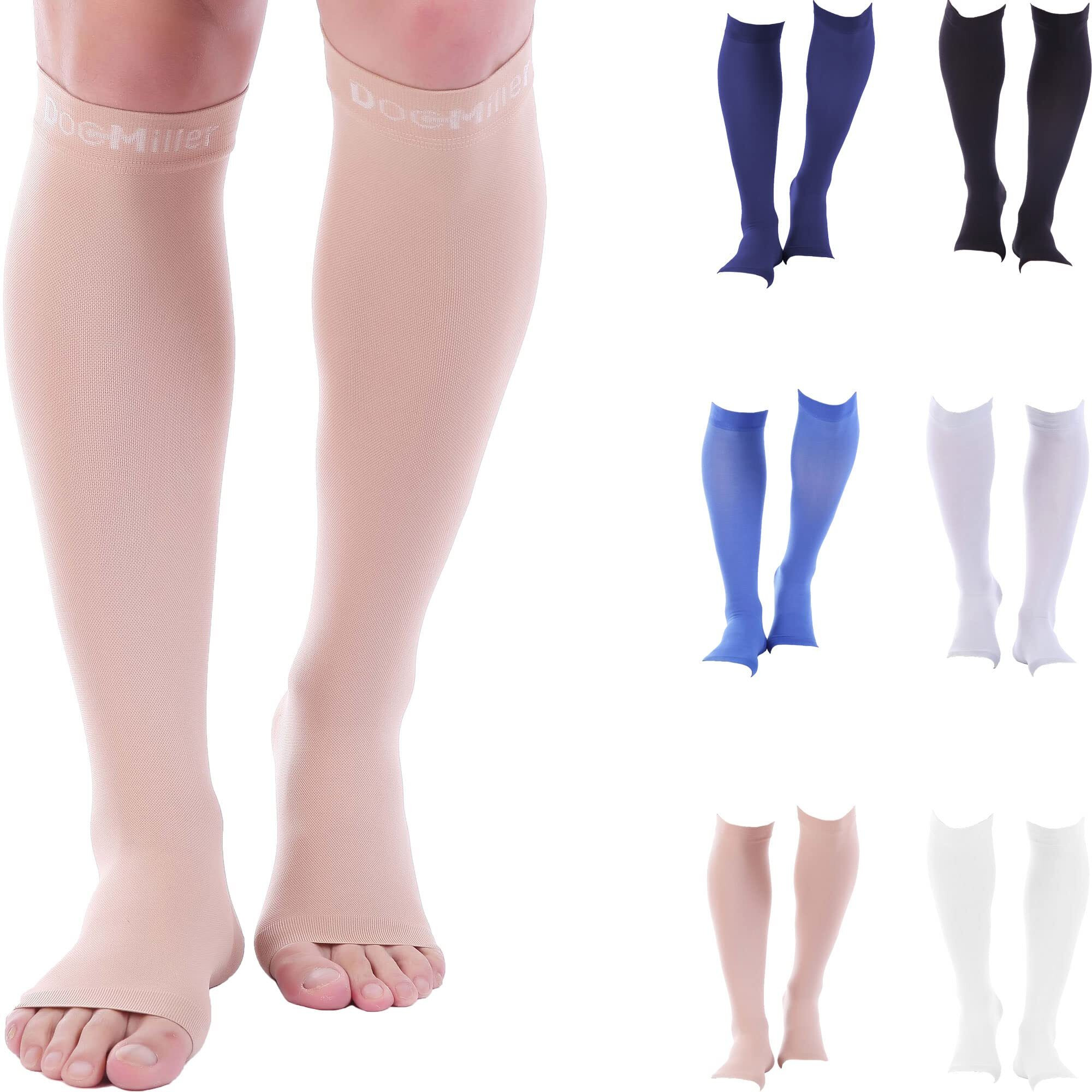 Doc Miller Open Toe Compression Socks Women And Men 30-40Mmhg, Knee High Toeless Socks, Recovers Shin Splints, Achilles Tendon And Varicose Veins 1 Pair Large Skin