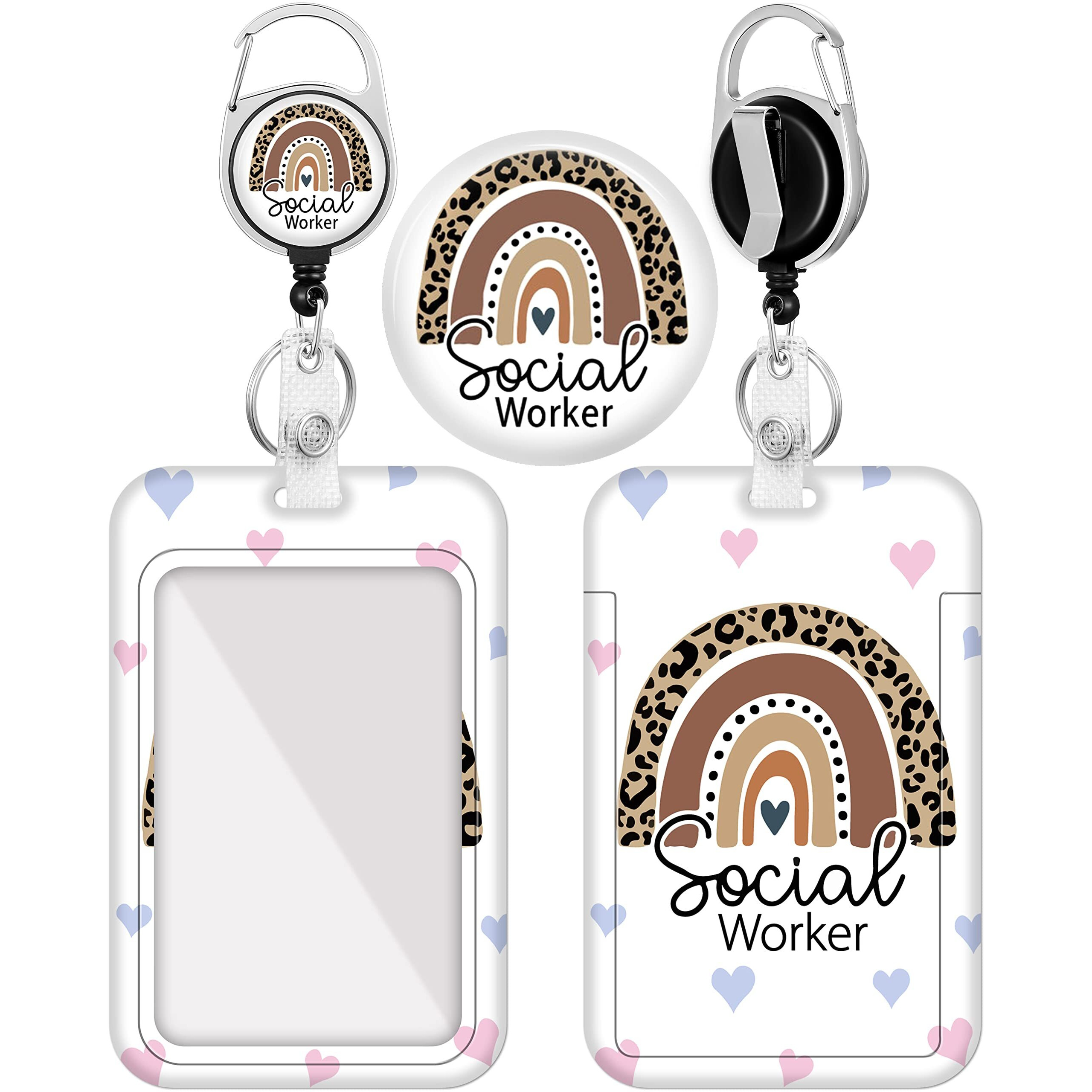 Plifal Badge Holder With Retractable Reel, Rainbow Social Worker Id Name Tag Work Badge Clip Heavy Duty Vertical Card Protector Cover Case For Work Office Nurse Medical Student Teacher Women Men
