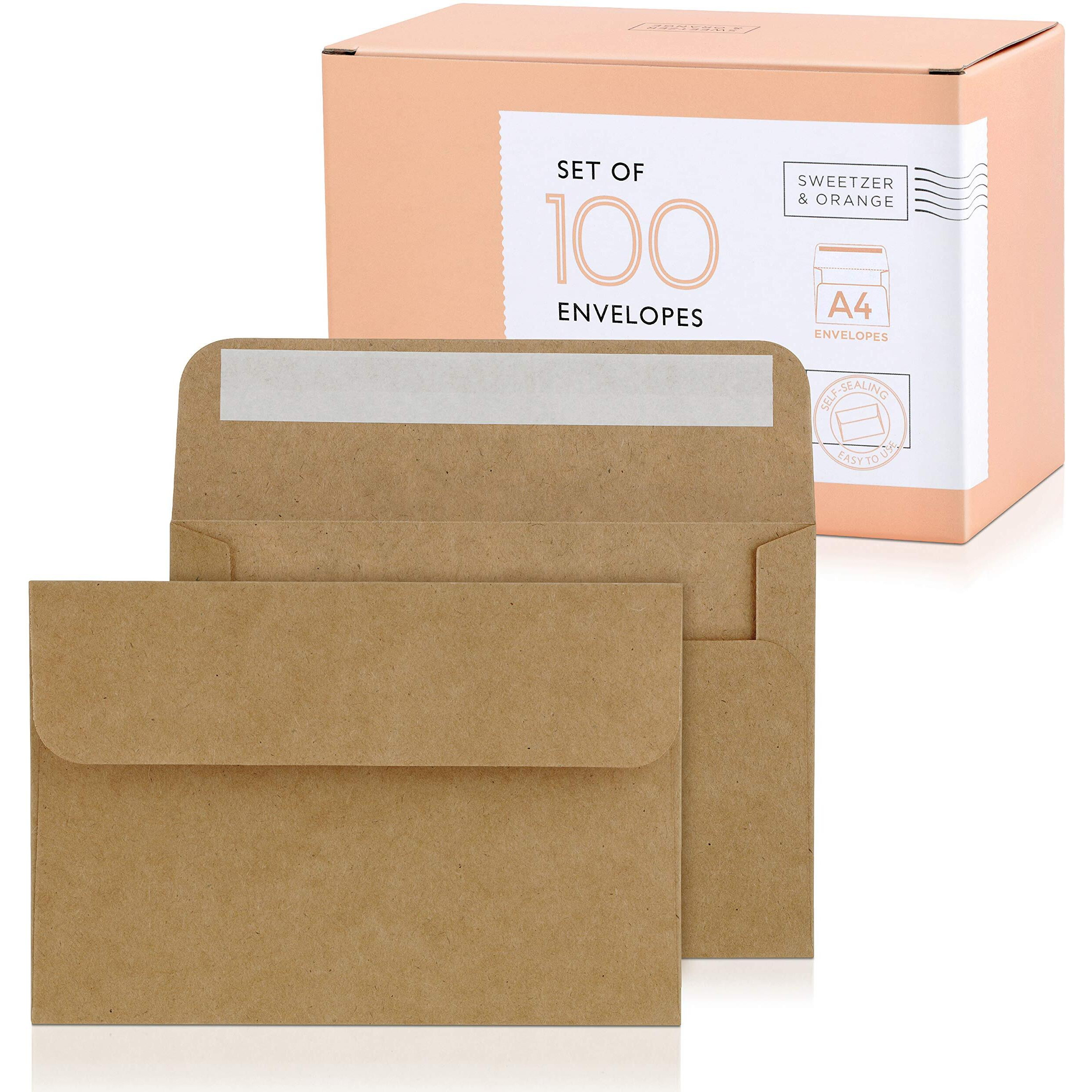 Sweetzer & Orange, A4 Brown Envelopes Self Seal 100X Envelope And Box Mailing Envelopes 4X6 (425 X 625 In) Kraft 150Gsm Self Sealing Envelopes, Blank 4X6 Envelopes For Invitations And Wedding