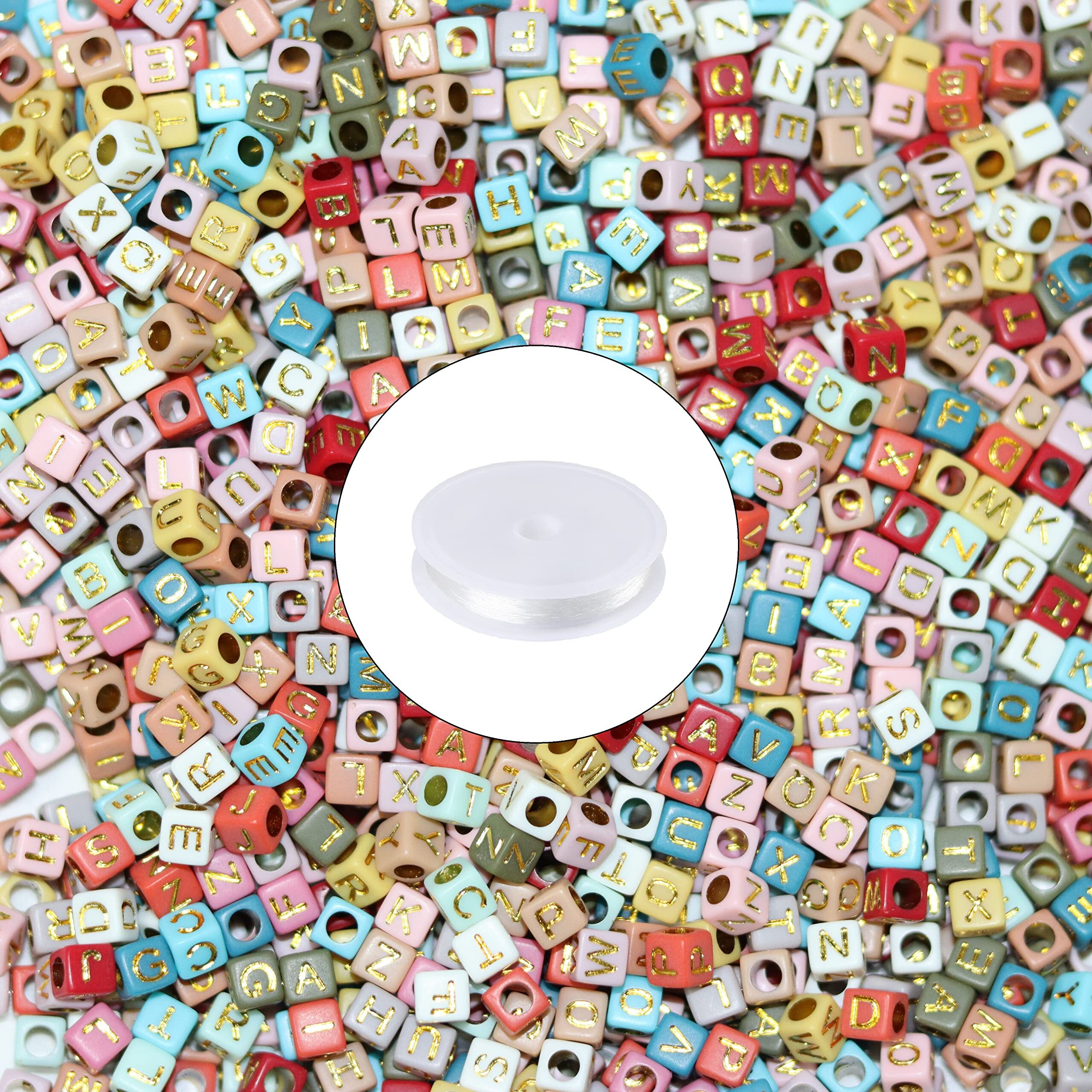 Letter Beads, Augshy 1400 Pcs Morandi Cube Alphabet Beads,Square Letter Beads With 1 Roll 10M Crystal String Cord (6Mm)