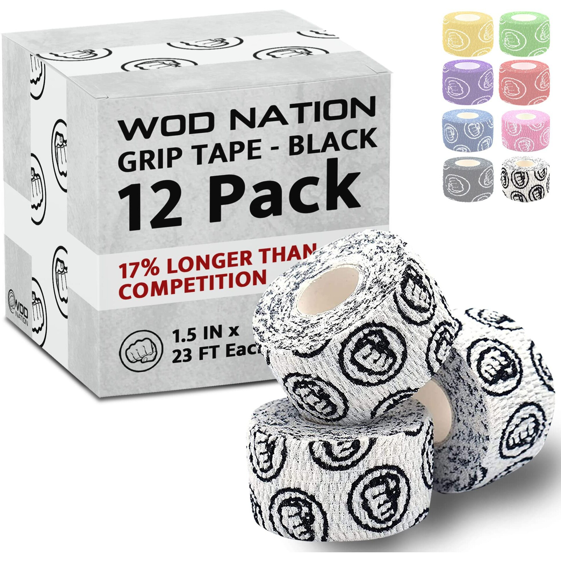 Wod Nation Weightlifting Hook Grip Tape - 12 Pack 23 Feet Long Sticky, Comfortable & Stretchy Athletic Tape For Weight Lifting Forcrossfit And Cross Training - Thumb, Hand & Finger Protection - White