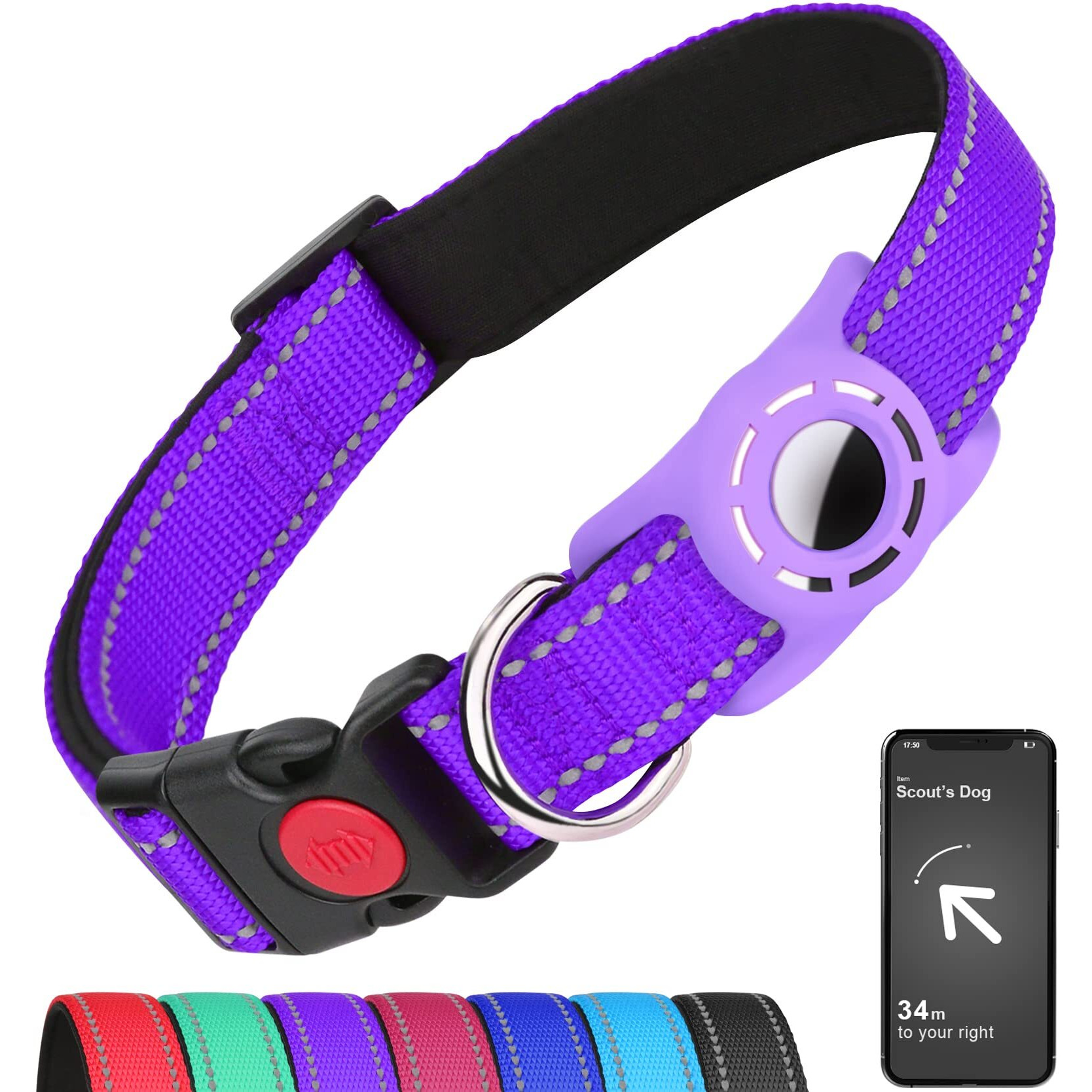 Erbine Airtag Dog Collar For Medium Dogs, Reflective Dog Collars With Airtag Holder, Soft Padded & Safety Locking Buckle, Nylon Pet Collar Adjustable For All Breeds, Purple