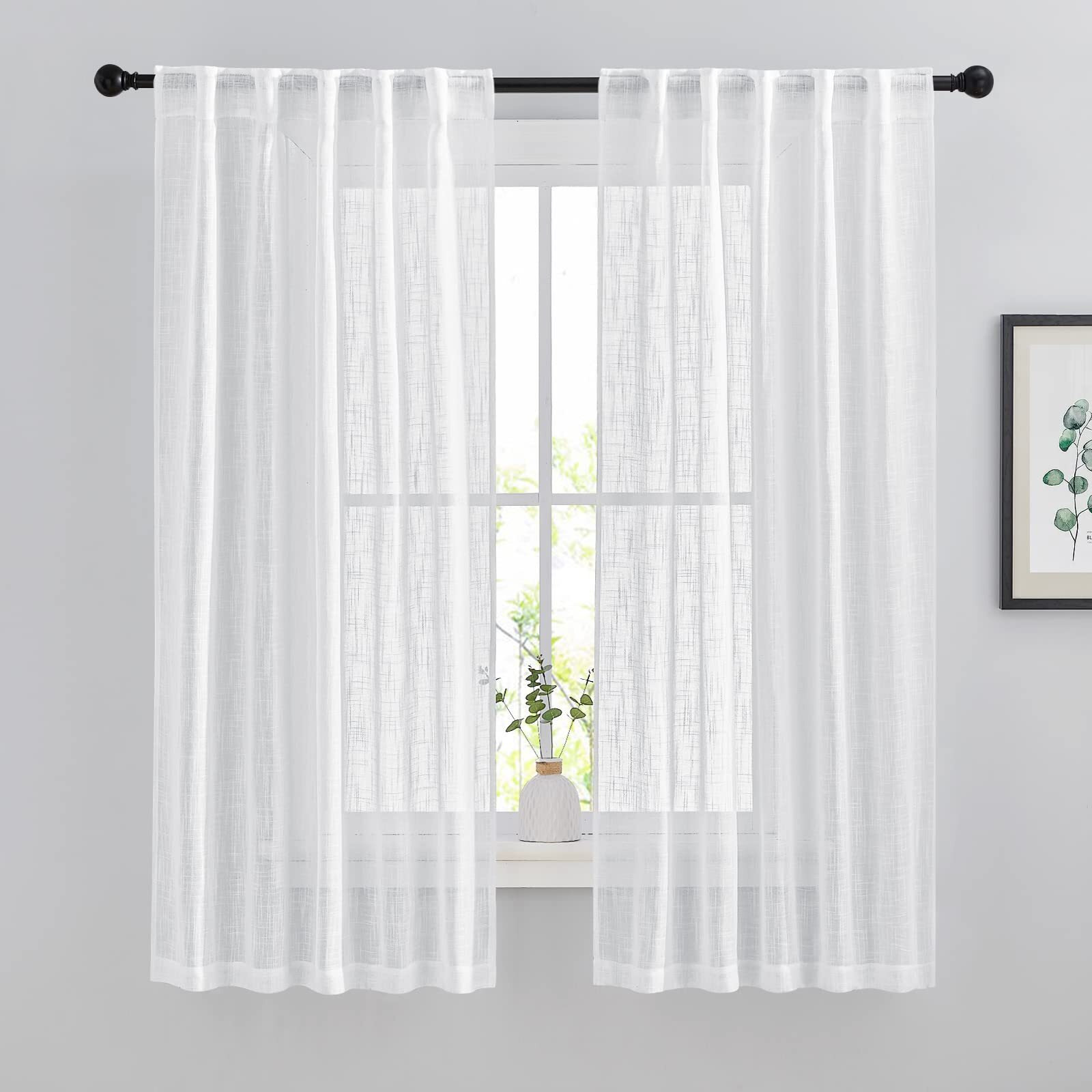 Nicetown Linen Sheer Curtains For Windows 63&quot Long, Rod Pockets & Back Tab Privacy Window Treatments Vertical Drapes With Light Filter For Bedroom/Nursery, 84&quot Wide Total 2 Pieces, White