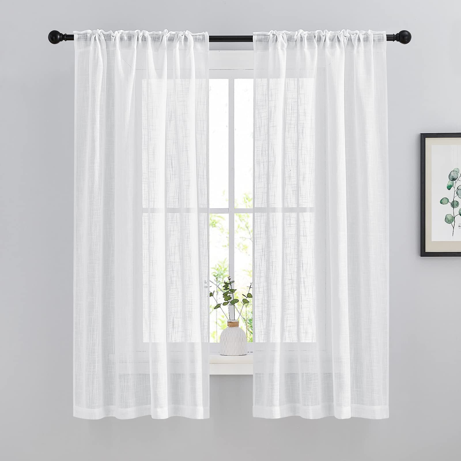 Nicetown Linen Sheer Curtains For Windows 63&quot Long, Rod Pockets & Back Tab Privacy Window Treatments Vertical Drapes With Light Filter For Bedroom/Nursery, 84&quot Wide Total 2 Pieces, White