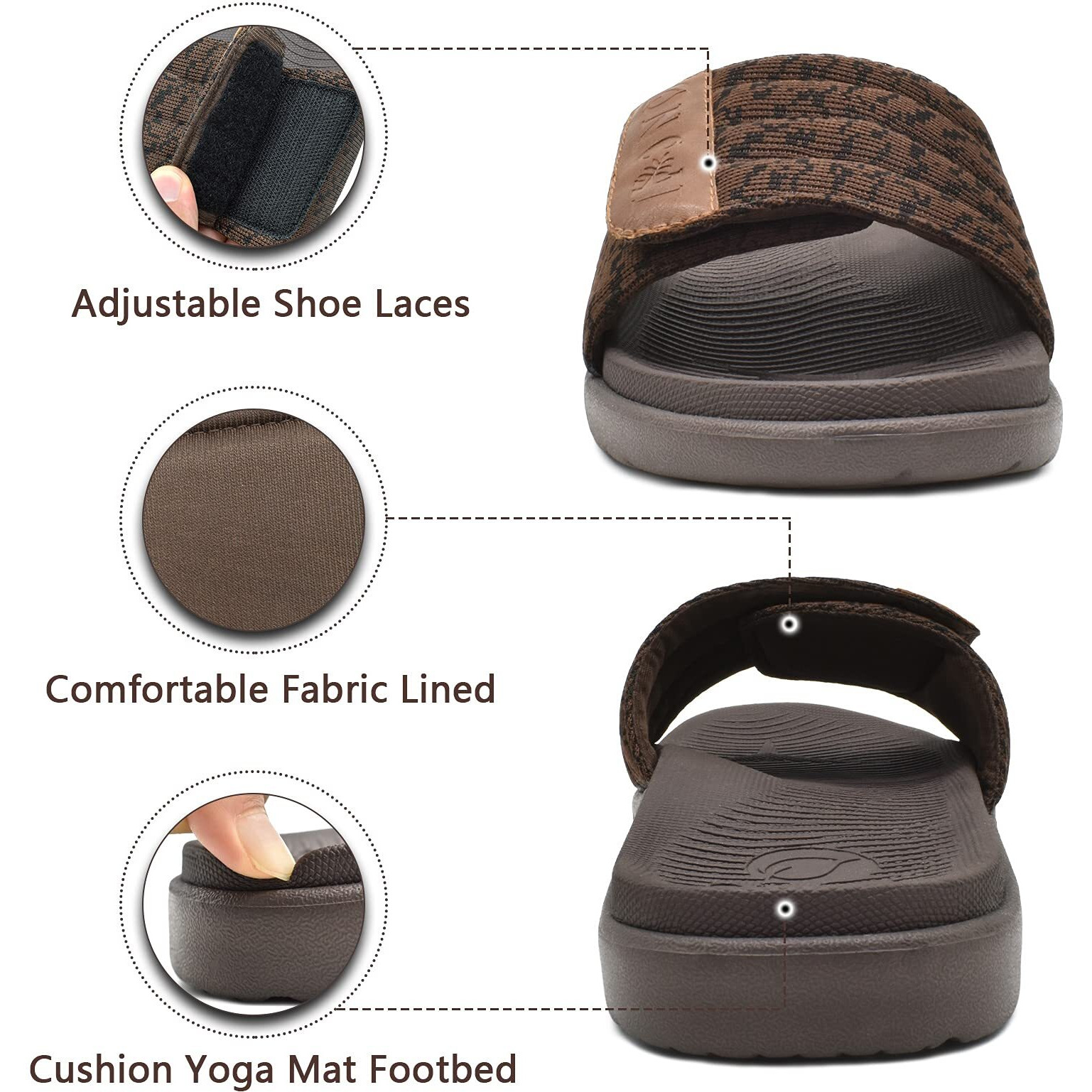 Oncai Mens Slide Sandals Brown Open Toe Athletic Adjustable Straps Orthotic Plantar Fasciitis Sport Sandals With Soft Cushion Arch Support Footbed Size 10.5