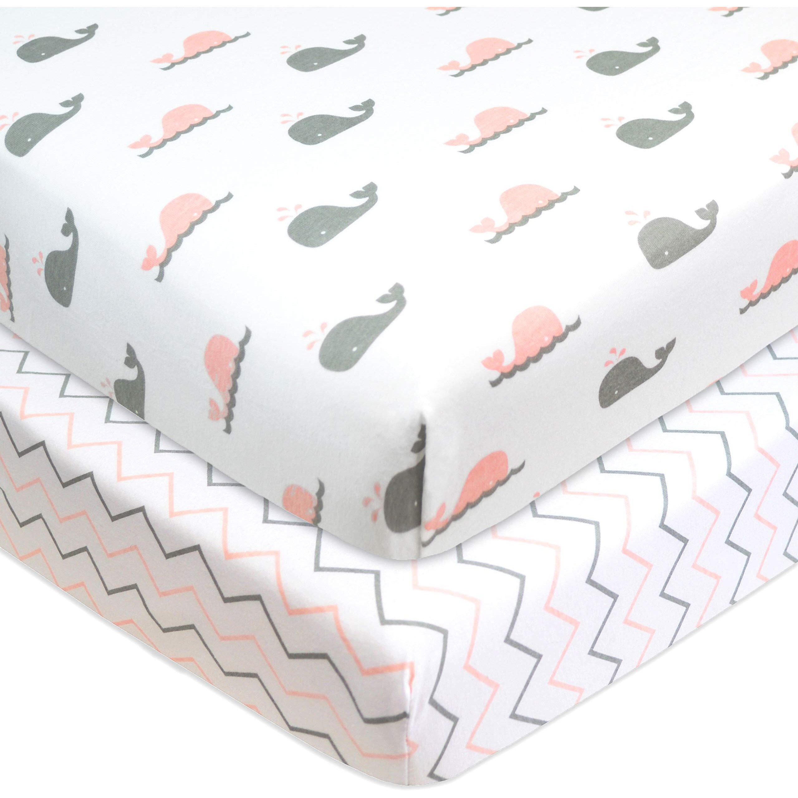 Tl Care 2 Pack Printed 100% Natural Cotton Jersey Knit Fitted Pack N Play Playard Sheet, Pink Whale/Pink Zigzag, Soft Breathable, For Girls