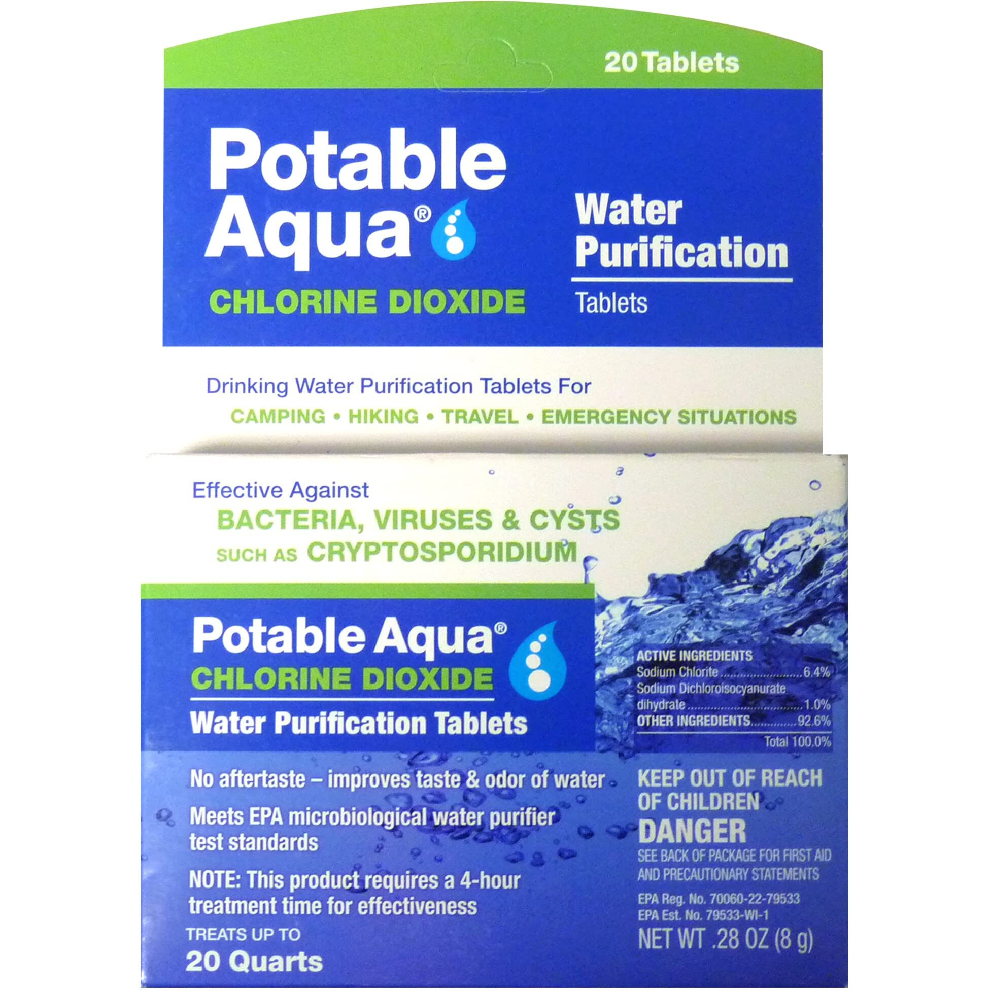 Potable Aqua Chlorine Dioxide Water Purification Tablets - 20 Count
