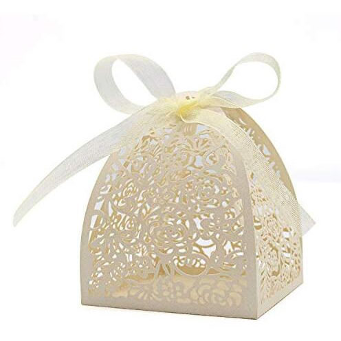 Kposiya Pack Of 100 Laser Cut Rose Candy Boxes, Favor Boxes 2.5&quotX 2.5&quotX 3.1", Gift Boxes Bridal Shower Anniverary Birthday Party Wedding Favor (100,Beige)