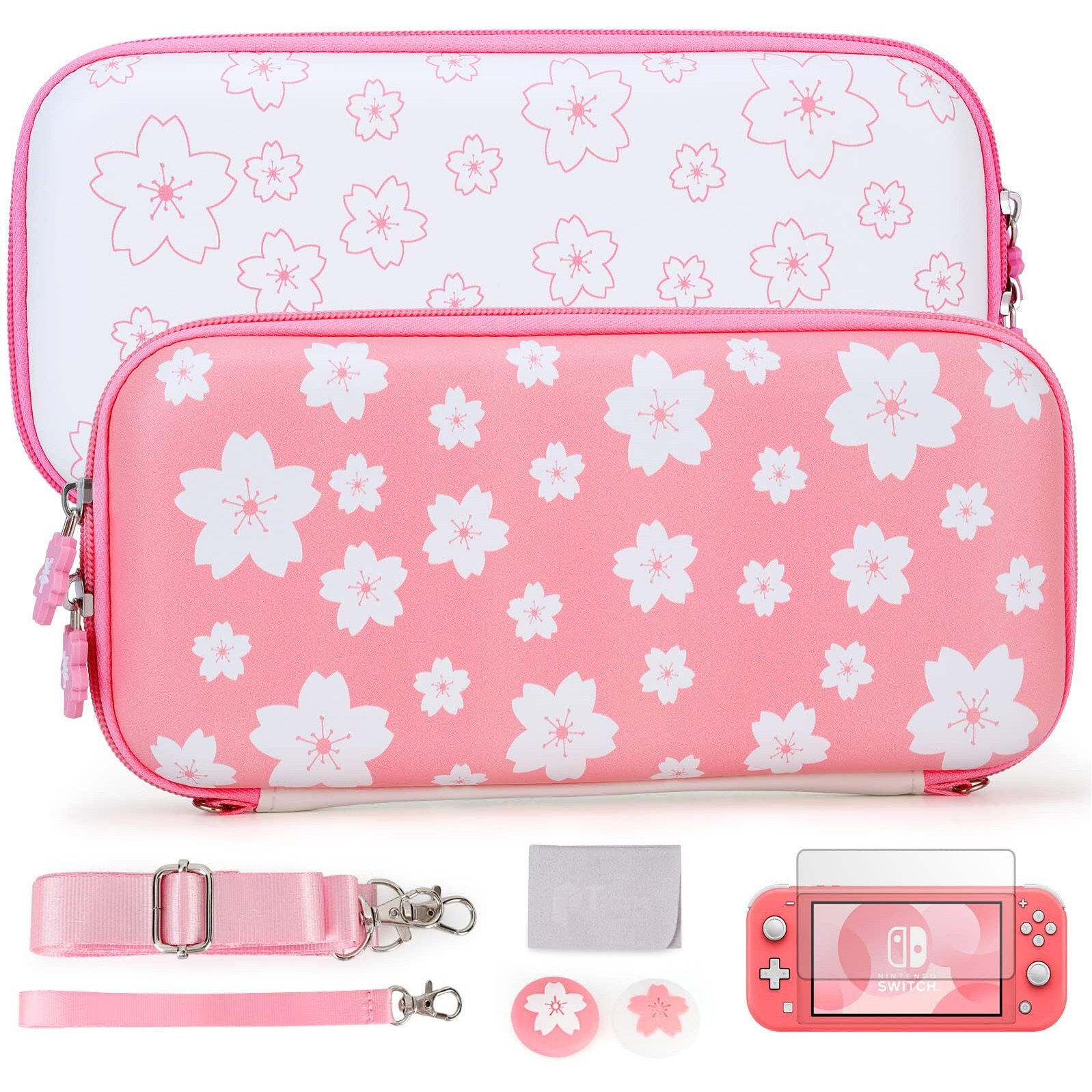 Tscope Cute Carrying Case For Nintendo Switch Lite, Pink Sakura Portable Hard Shell Girls Travel Storage Bag, With Glass Screen Protector & Thumb Grip Caps (Switch Lite Pink)