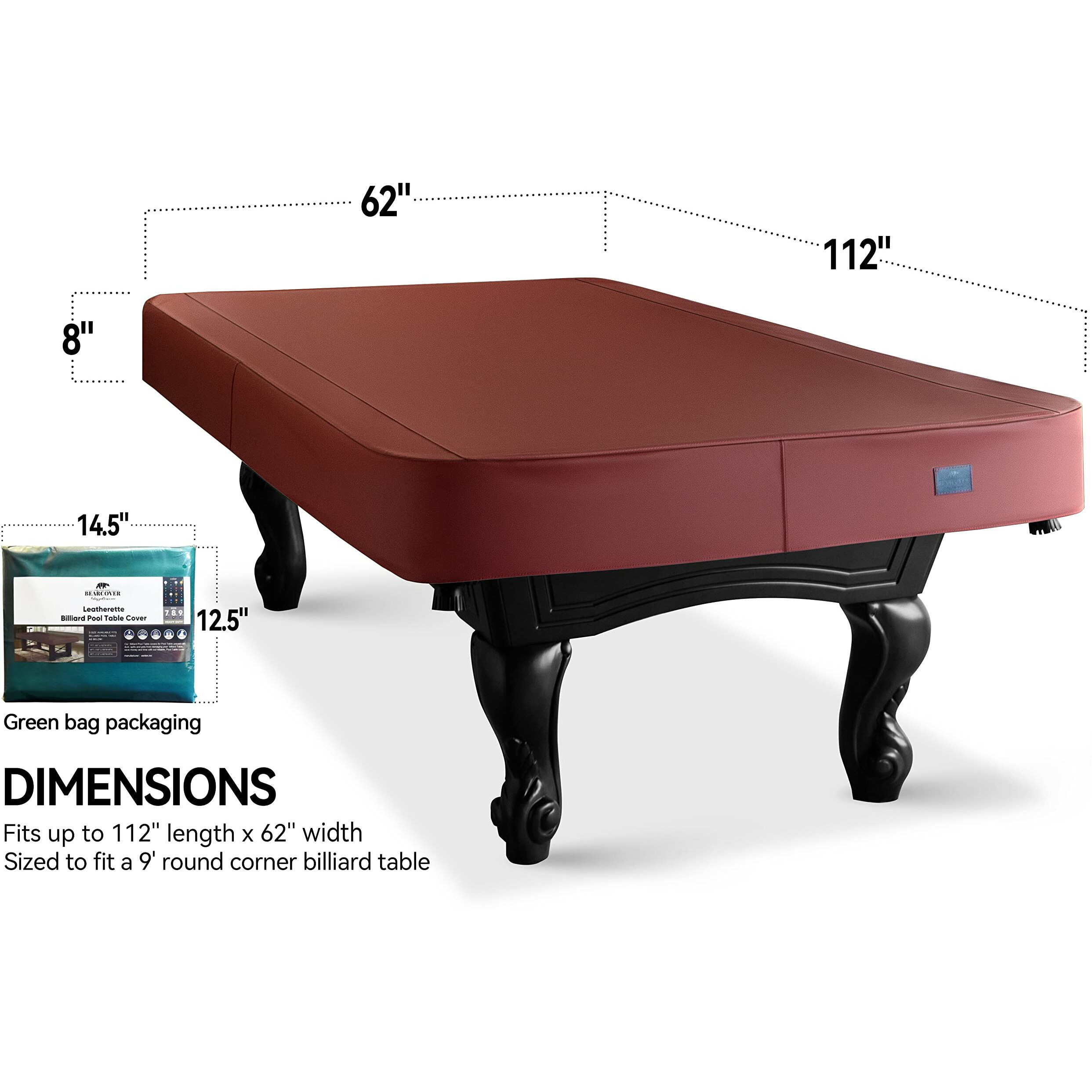 Bearcover Heavy Duty Leatherette Billiard Pool Table Cover, Waterproof & Tearproof Cover For Pool Table 7/8/9Ft (10 Colors Available) (9 Feet/Bordeaux Red)
