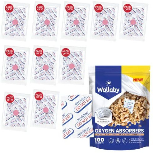 Wallaby 300Cc Oxygen Absorbers - 100 Count (10X Packs Of 10) With Indicator - For Long Term Food Storage, Mylar Bags, Canning, Harvest Right Freeze Dryer, Dehydrated, & Preserved Foods - Fda Food Safe