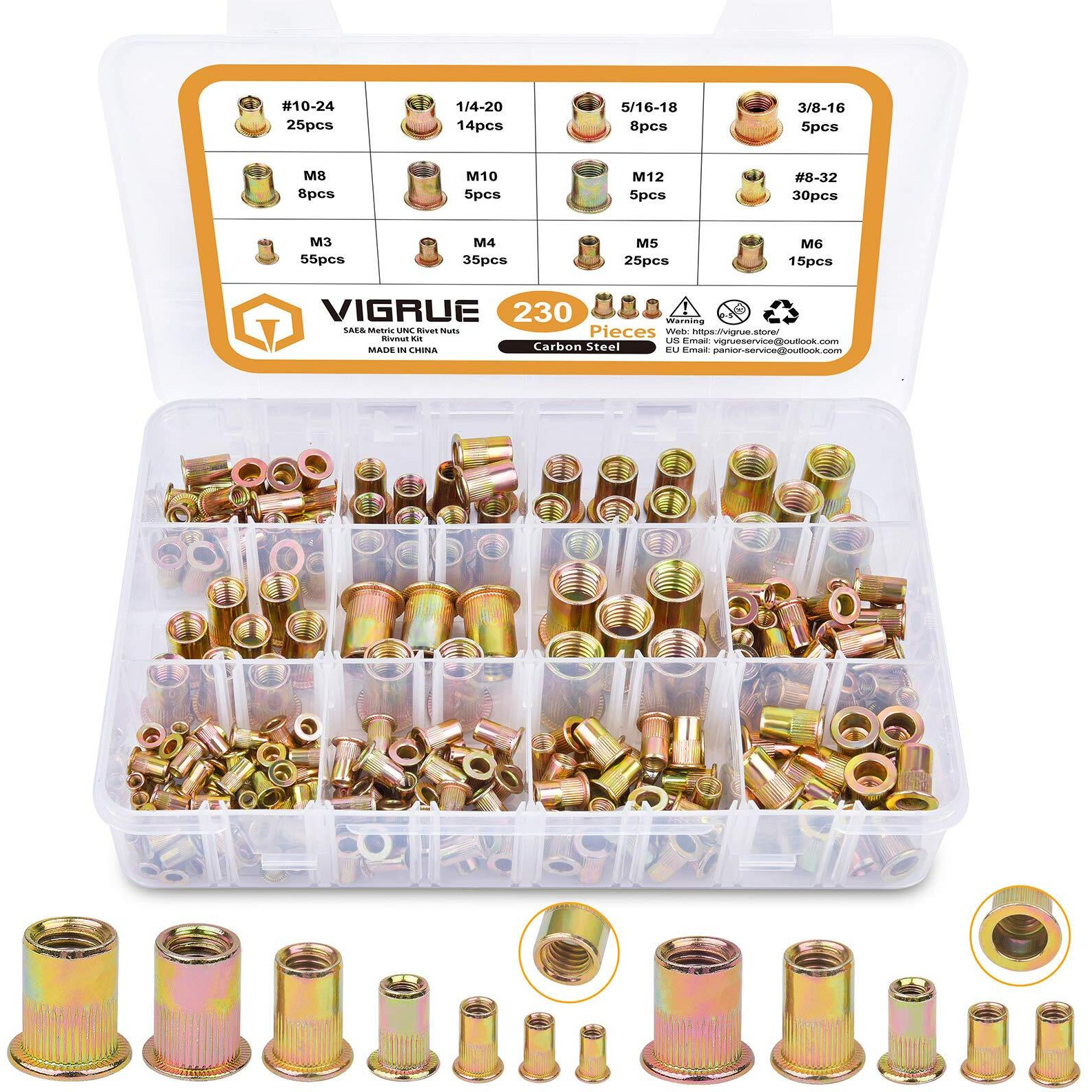 Rivet Nuts Assortment Kit, Vigrue 230Pcs Sae And Metric Carbon Steel Unc Nutserts Rivnut, Zinc Plated, Flat Head Insert Nut Assort 8-3210-24 1/4"-20 3/8"-16 5/16"-18 And M3 M4 M5 M6 M8 M10 M12