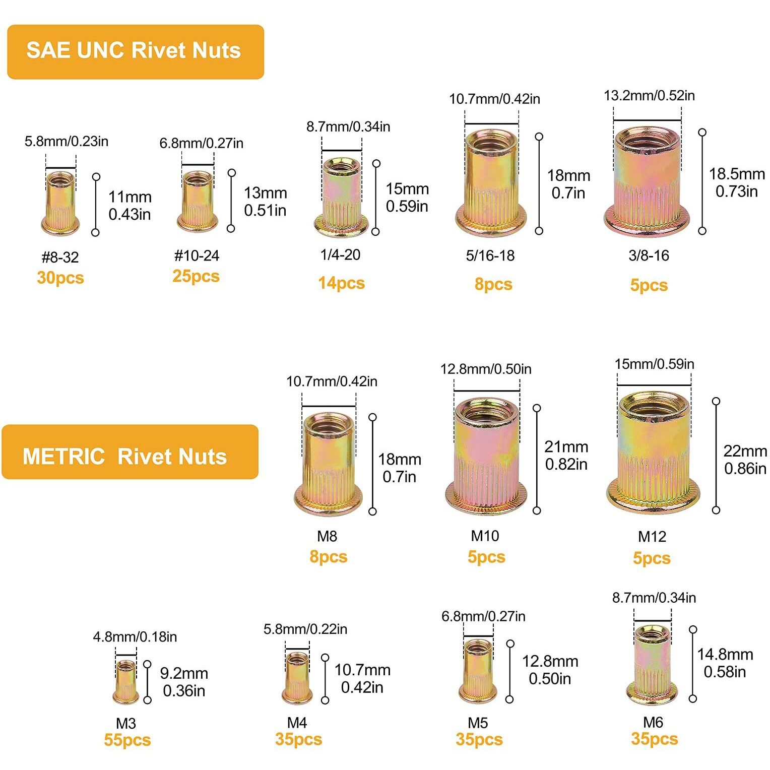 Rivet Nuts Assortment Kit, Vigrue 230Pcs Sae And Metric Carbon Steel Unc Nutserts Rivnut, Zinc Plated, Flat Head Insert Nut Assort 8-3210-24 1/4"-20 3/8"-16 5/16"-18 And M3 M4 M5 M6 M8 M10 M12