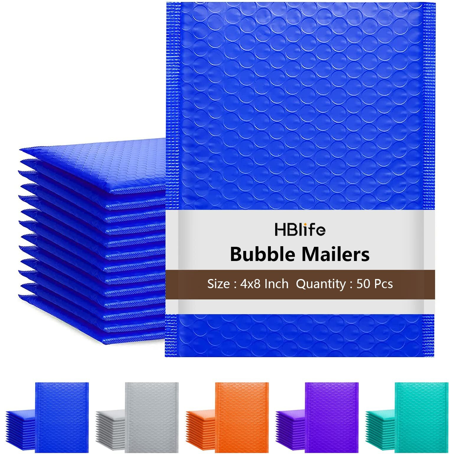 Hblife 50Pcs Bubble Mailers, 4X8 Inches Self Seal Blue Poly Mailers, Padded Envelopes Shipping Bags Packaging For Small Business