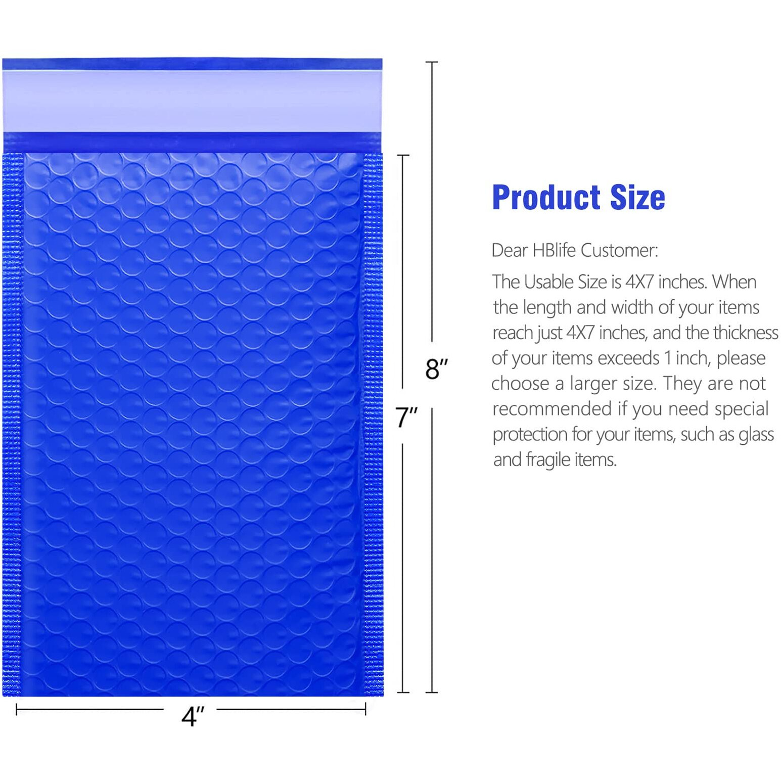 Hblife 50Pcs Bubble Mailers, 4X8 Inches Self Seal Blue Poly Mailers, Padded Envelopes Shipping Bags Packaging For Small Business