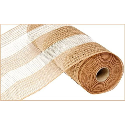 10 Inch X 30 Feet Deco Poly Jute Mesh Ribbon (Natural Brown White Cotton Stripe)  Ry800348