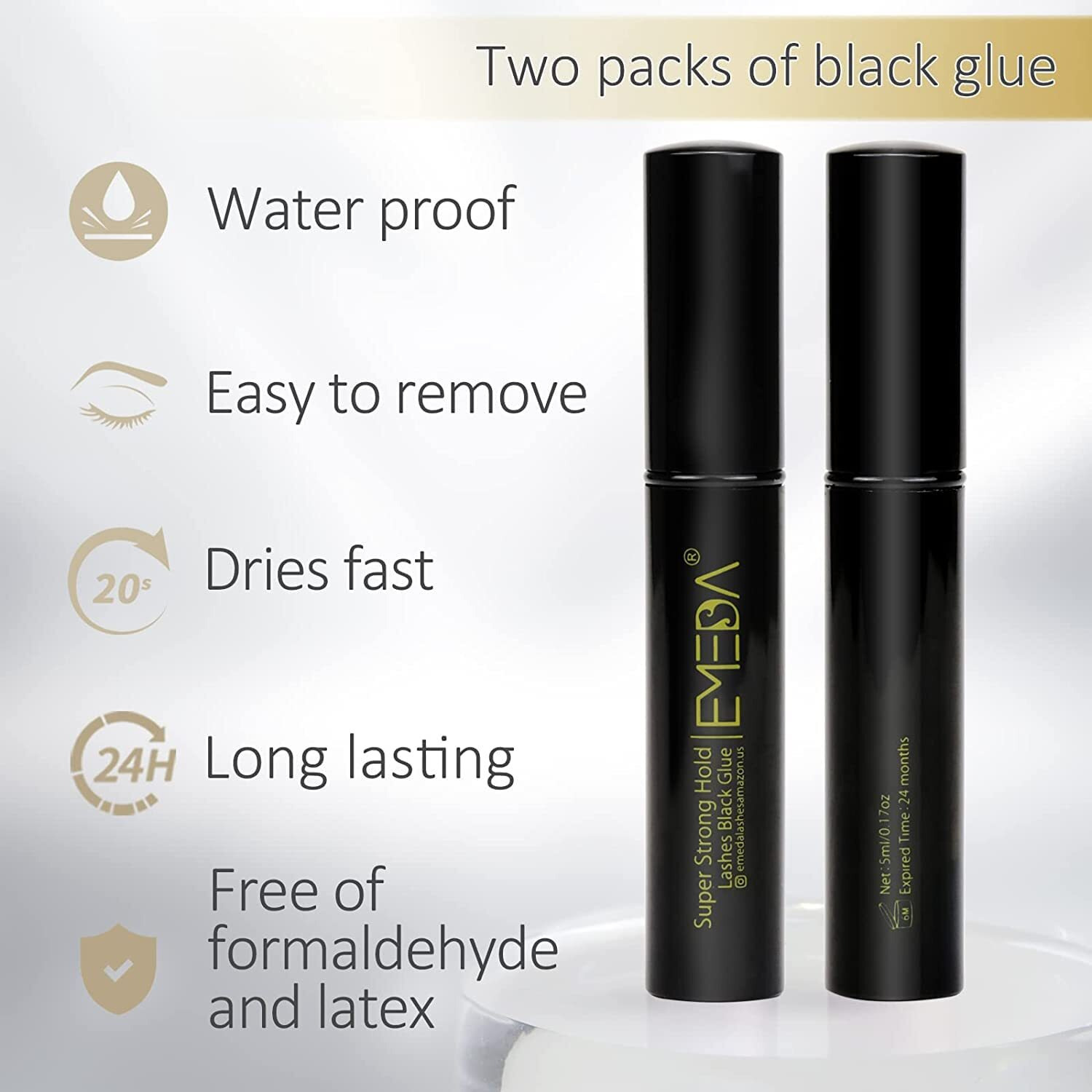 Emeda 2 Pcs Latex Free Eyelash Glue Waterproof Black Lashes Glue Super Strong Hold False Eyelash Glue Best Strip Eyelash Adhesive(Black 5Ml+5Ml)