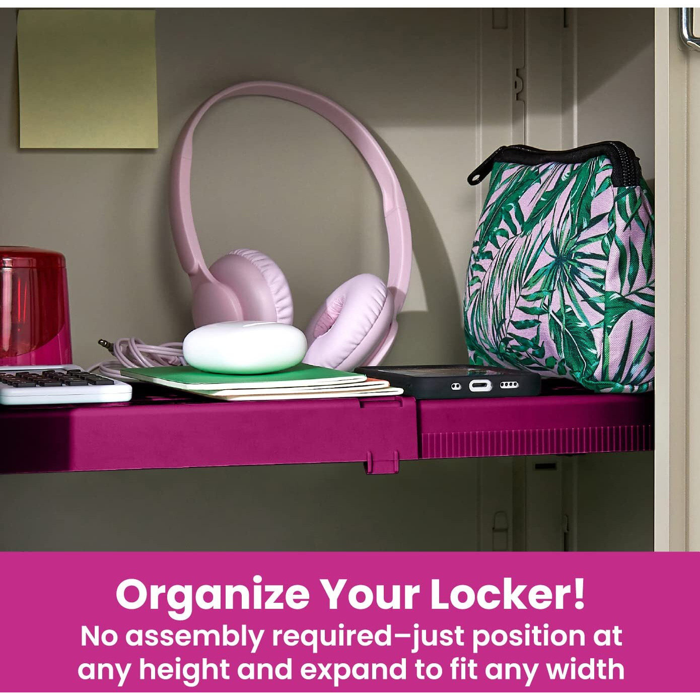 Lockermate Adjust-A-Shelf Locker Shelf, Extends To Fit Your Locker, Easy To Use, Perfect For School, Office, Gym, Pink, 2-Pack