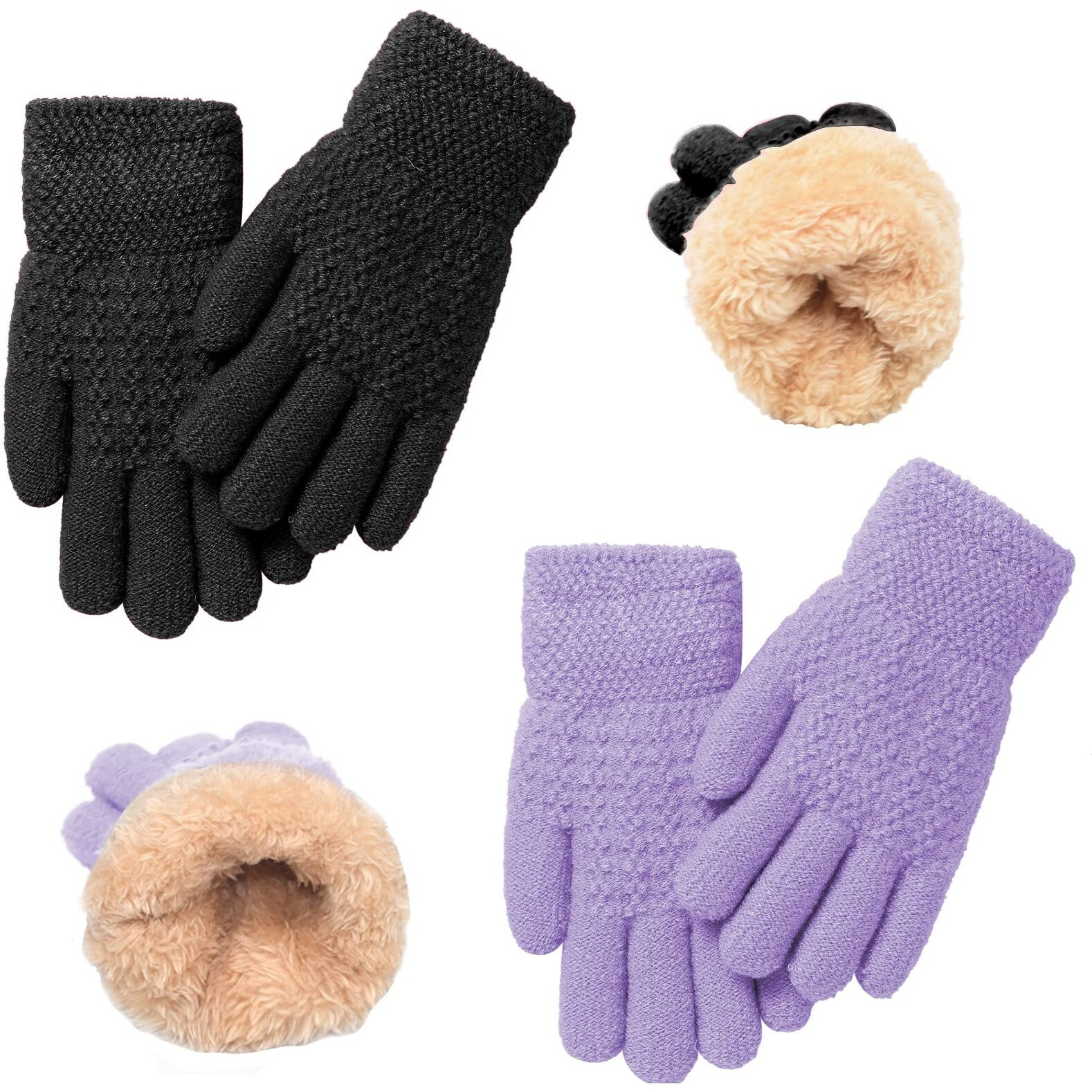 Winter Gloves For Boys Girls - Kids Warm Knit Thermal Cable Knitted Gloves Wool Fleece Lined Mittens For Cold Weather (Black+Purple, 2 Pairs)