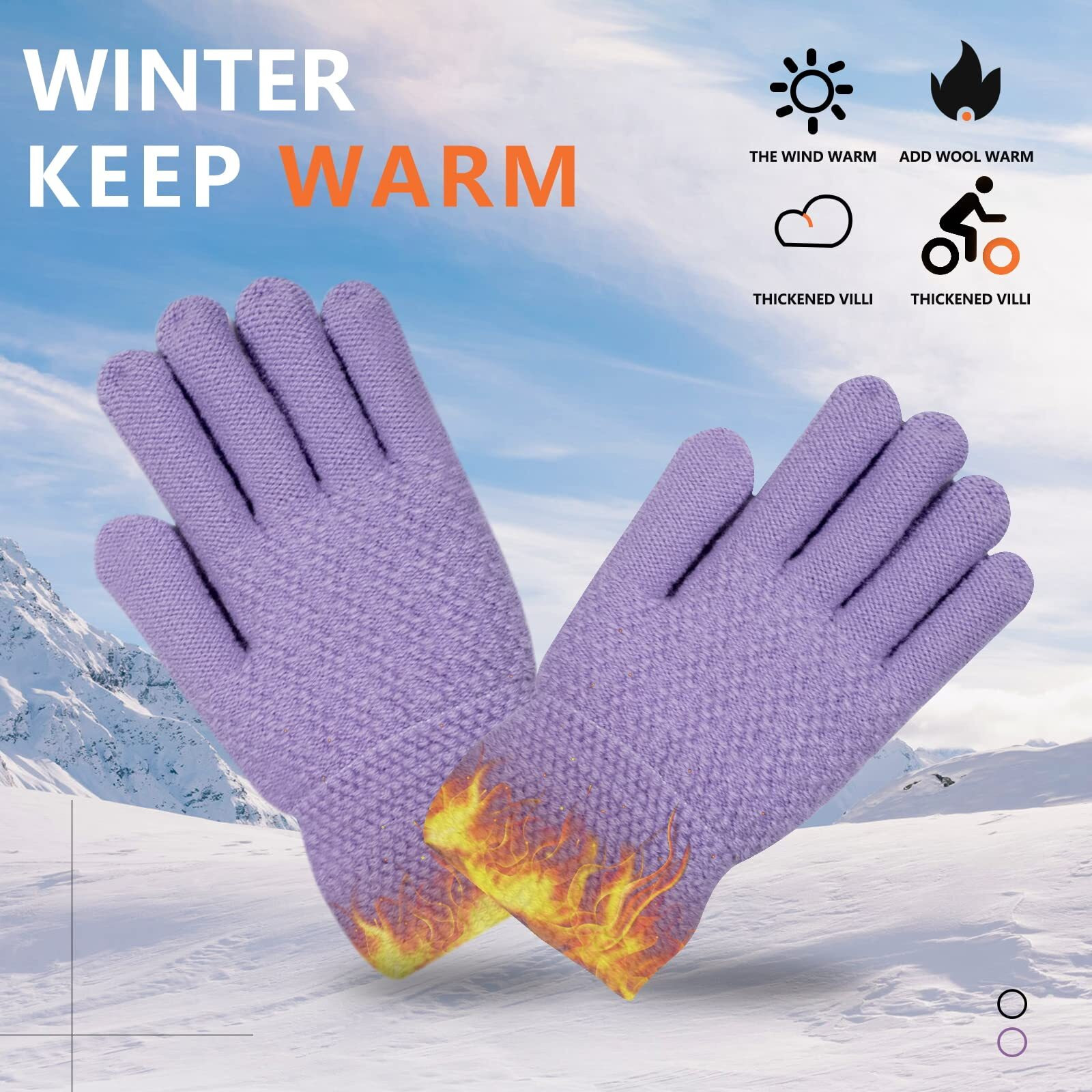 Winter Gloves For Boys Girls - Kids Warm Knit Thermal Cable Knitted Gloves Wool Fleece Lined Mittens For Cold Weather (Black+Purple, 2 Pairs)