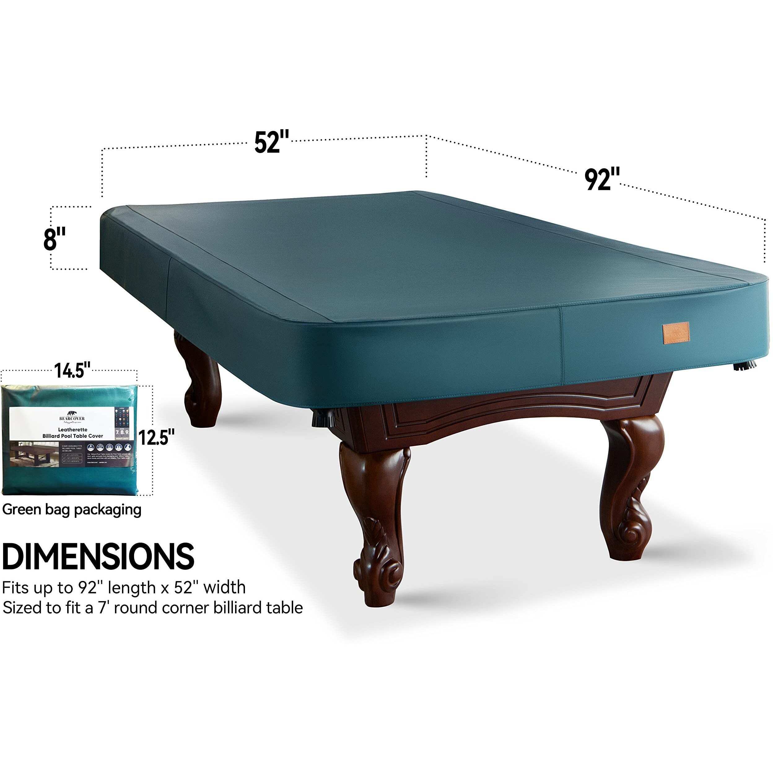 Bearcover Heavy Duty Leatherette Billiard Pool Table Cover, Waterproof & Tearproof Cover For Pool Table 7/8/9Ft (10 Colors Available) (7 Feet/Malachite Green)