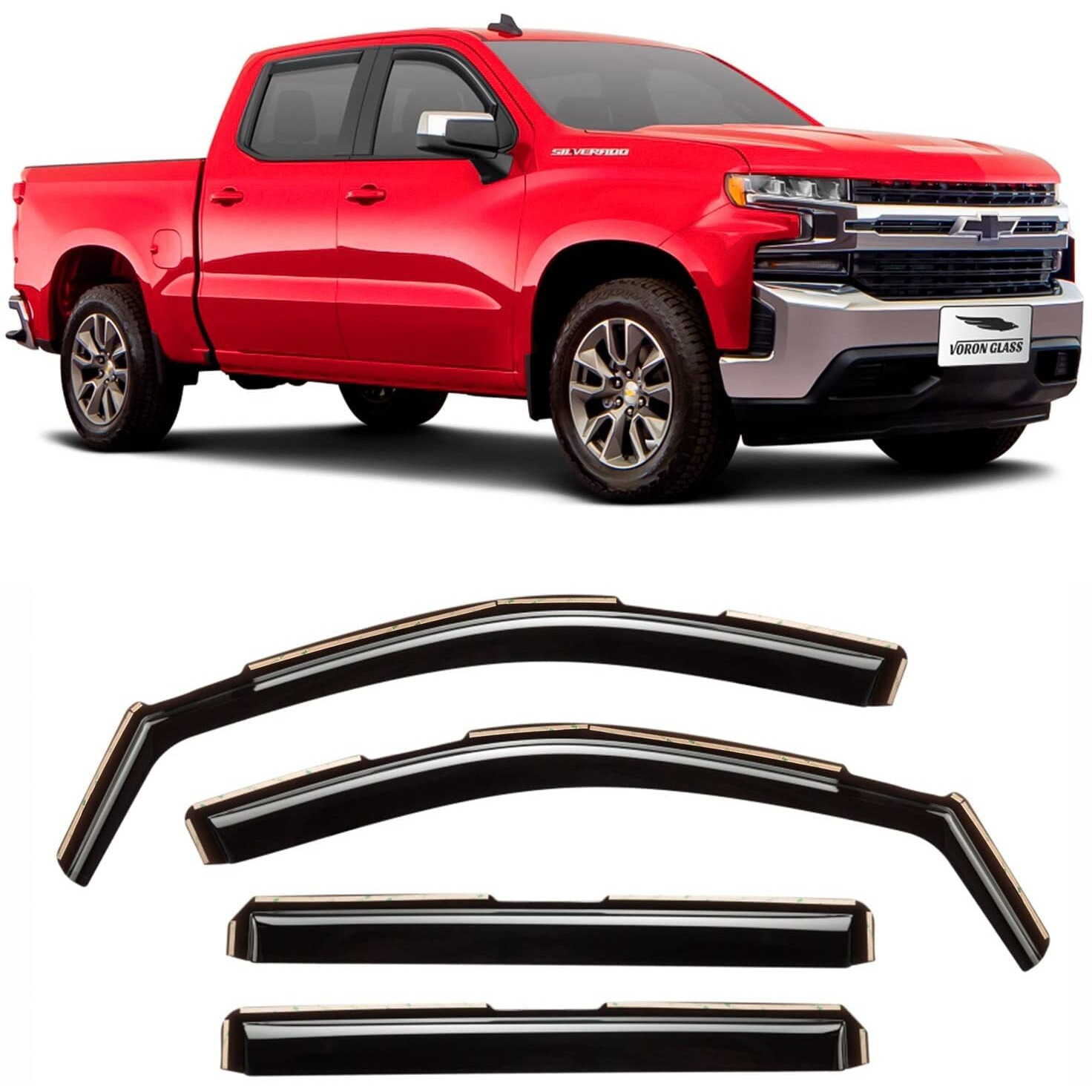 Voron Glass In-Channel Extra Durable Rain Guards For Trucks Chevrolet (Chevy) Silveradogmc Sierra 1500 2019-2022 Crew Cab, Window Deflectors, Vent Window Visors, 4 Pieces - 220089